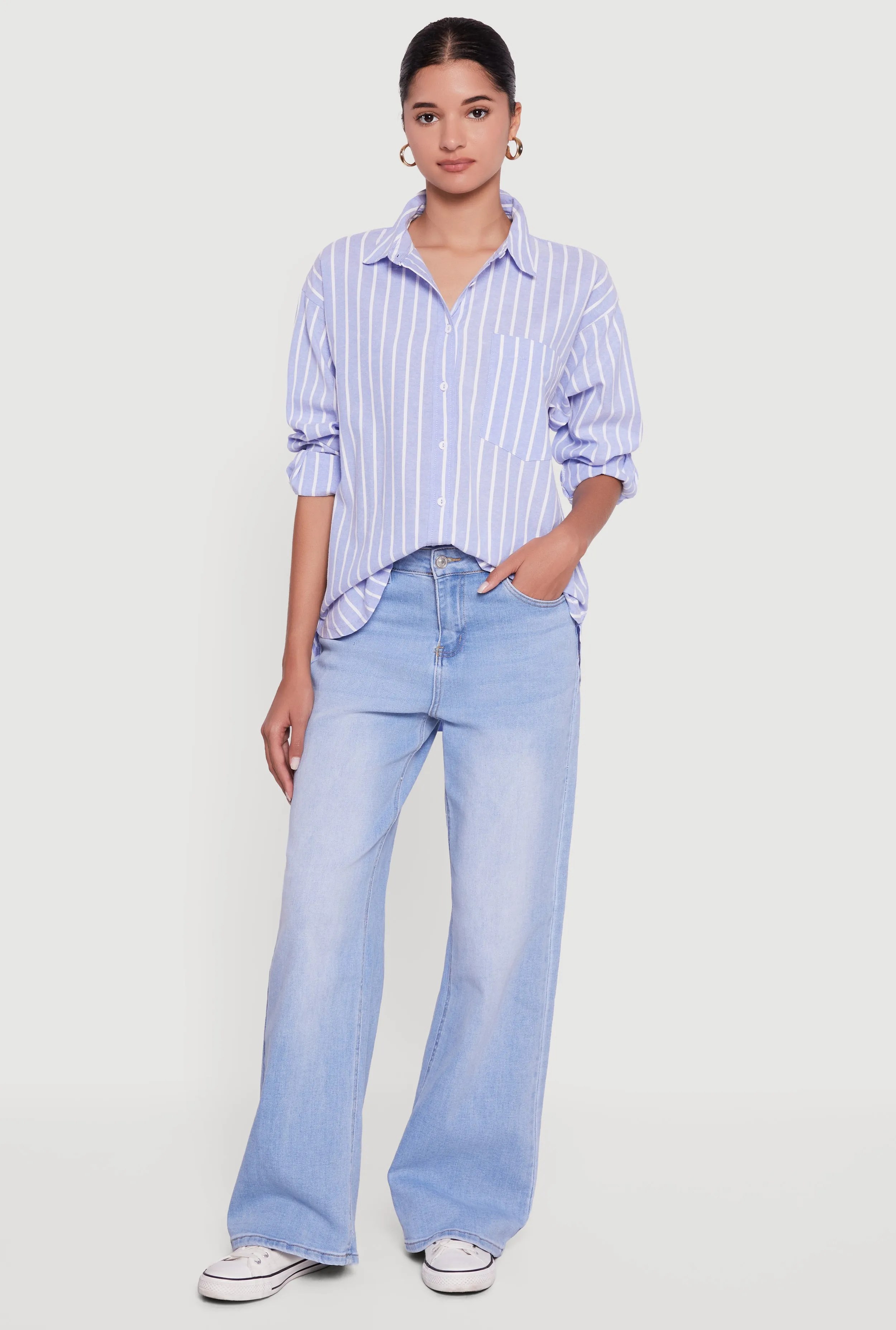 Striped Poplin Button Front Long Sleeve Shirt sold by Rainbow