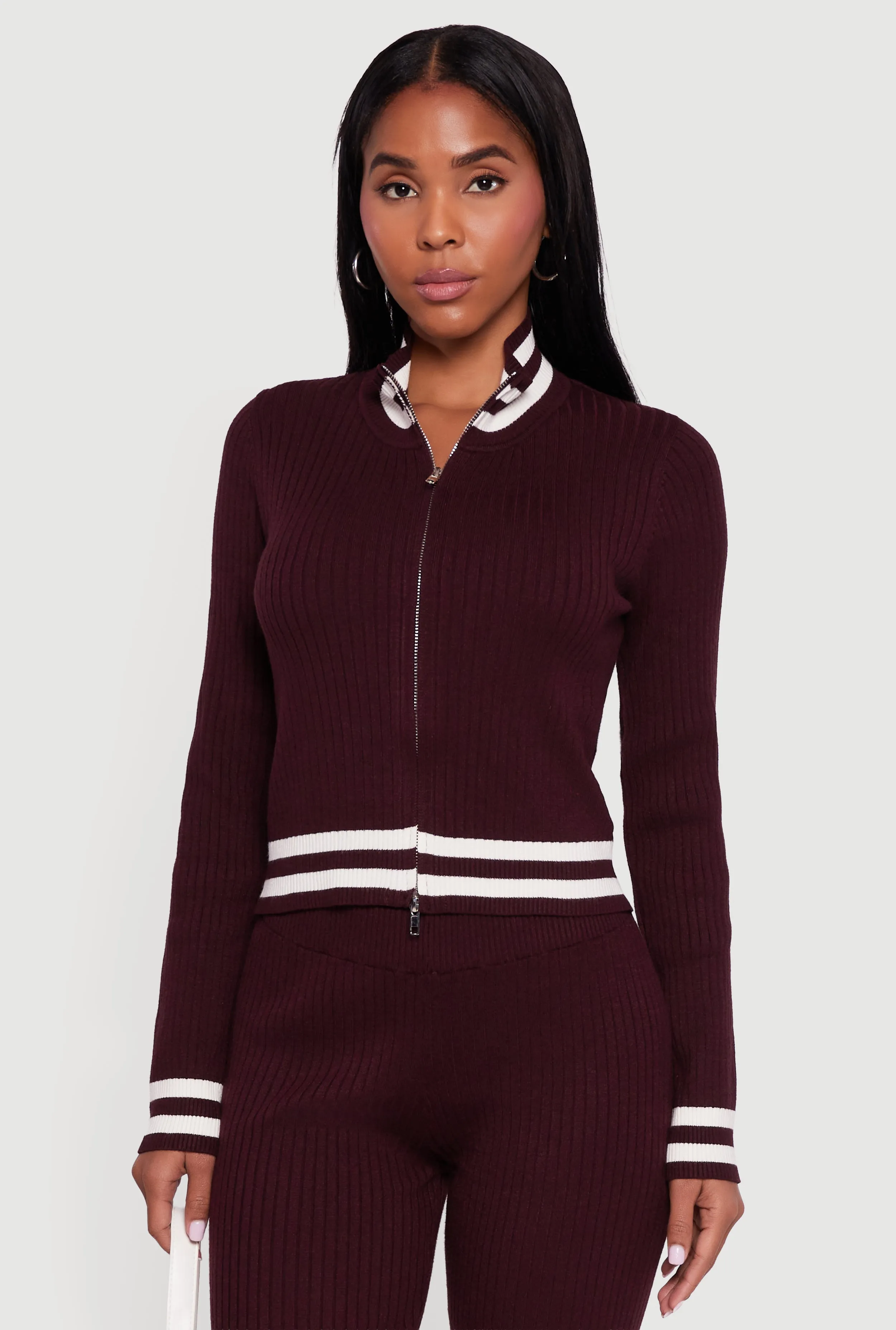 Varsity Stripe Detail Zip Front Sweater sold by Rainbow