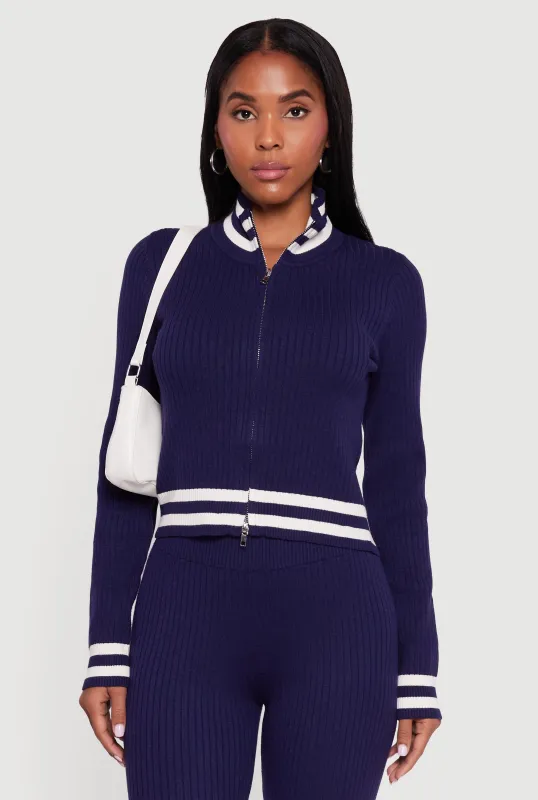 Varsity Stripe Detail Zip Front Sweater sold by Rainbow