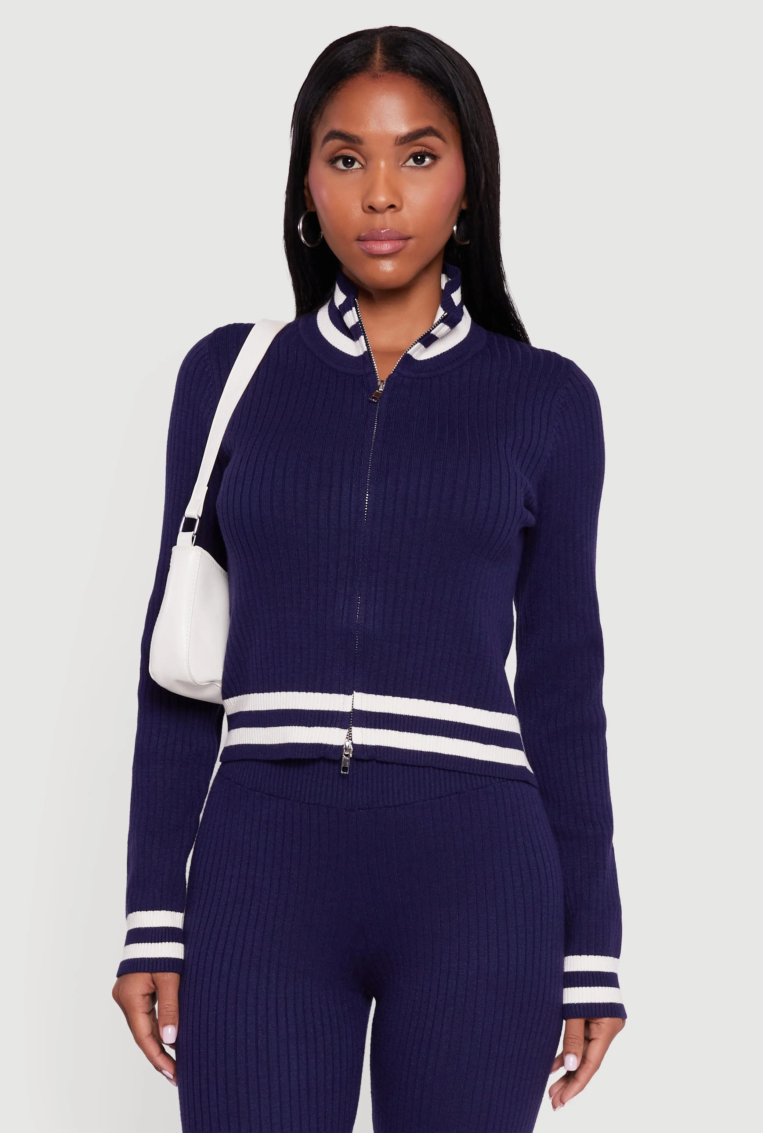 Varsity Stripe Detail Zip Front Sweater sold by Rainbow