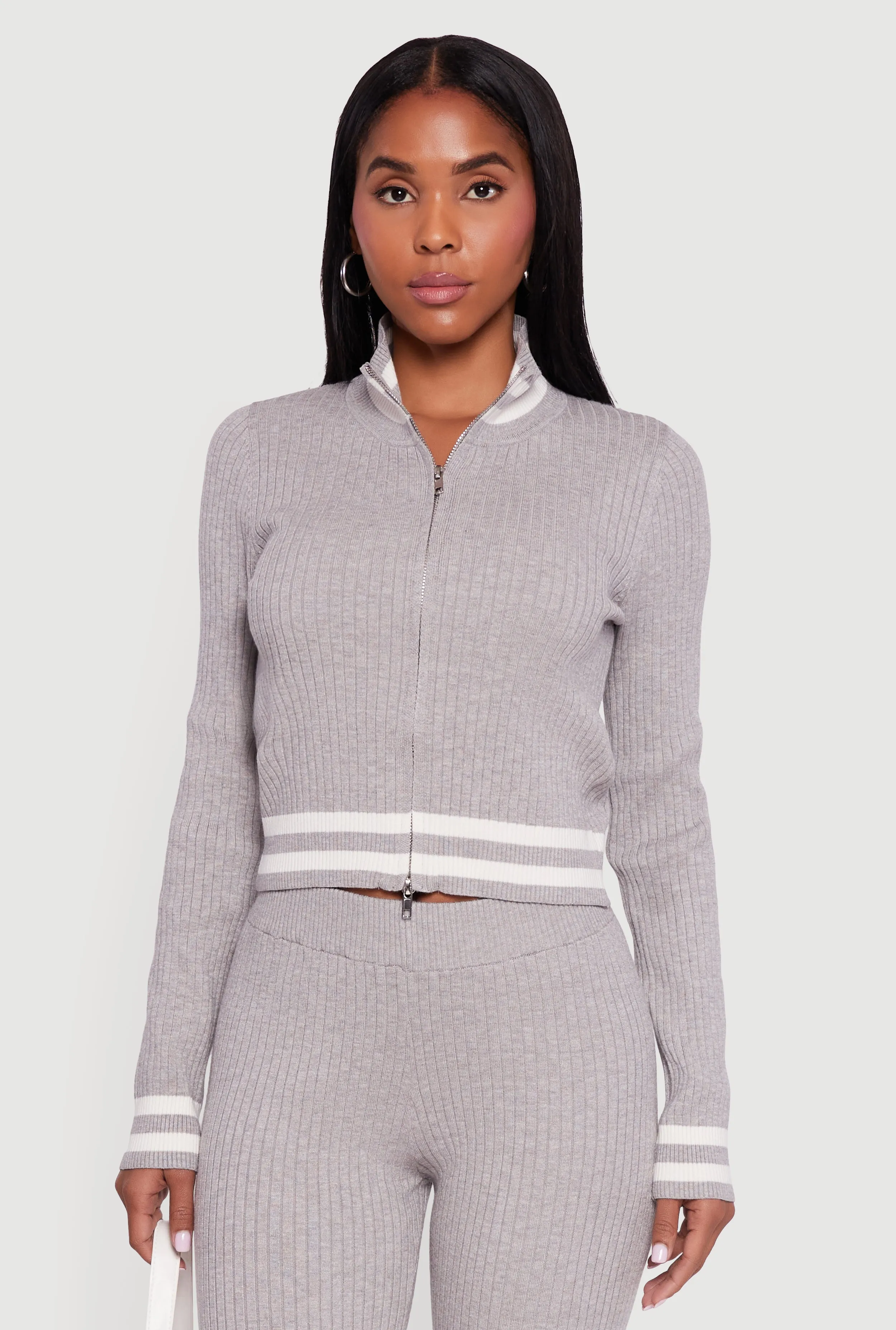 Varsity Stripe Detail Zip Front Sweater sold by Rainbow