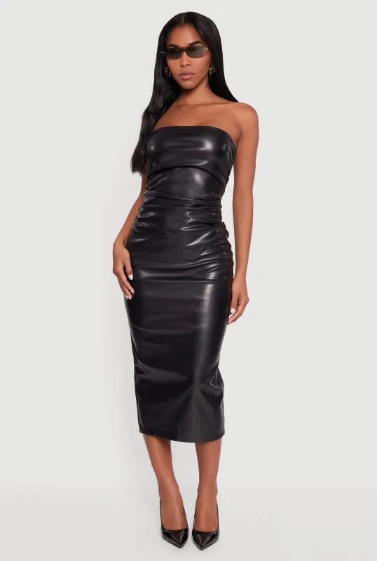Faux Leather Side Ruched Tube Midi Dress sold by Rainbow