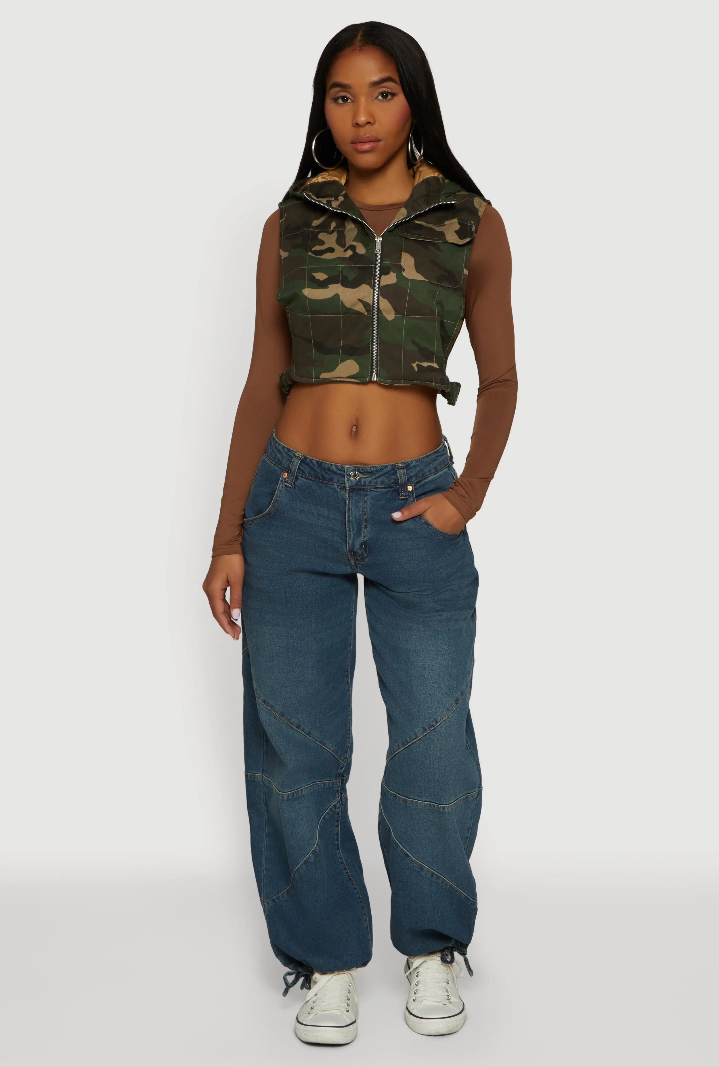 Hooded Zip Front Cropped Camouflage Vest sold by Rainbow