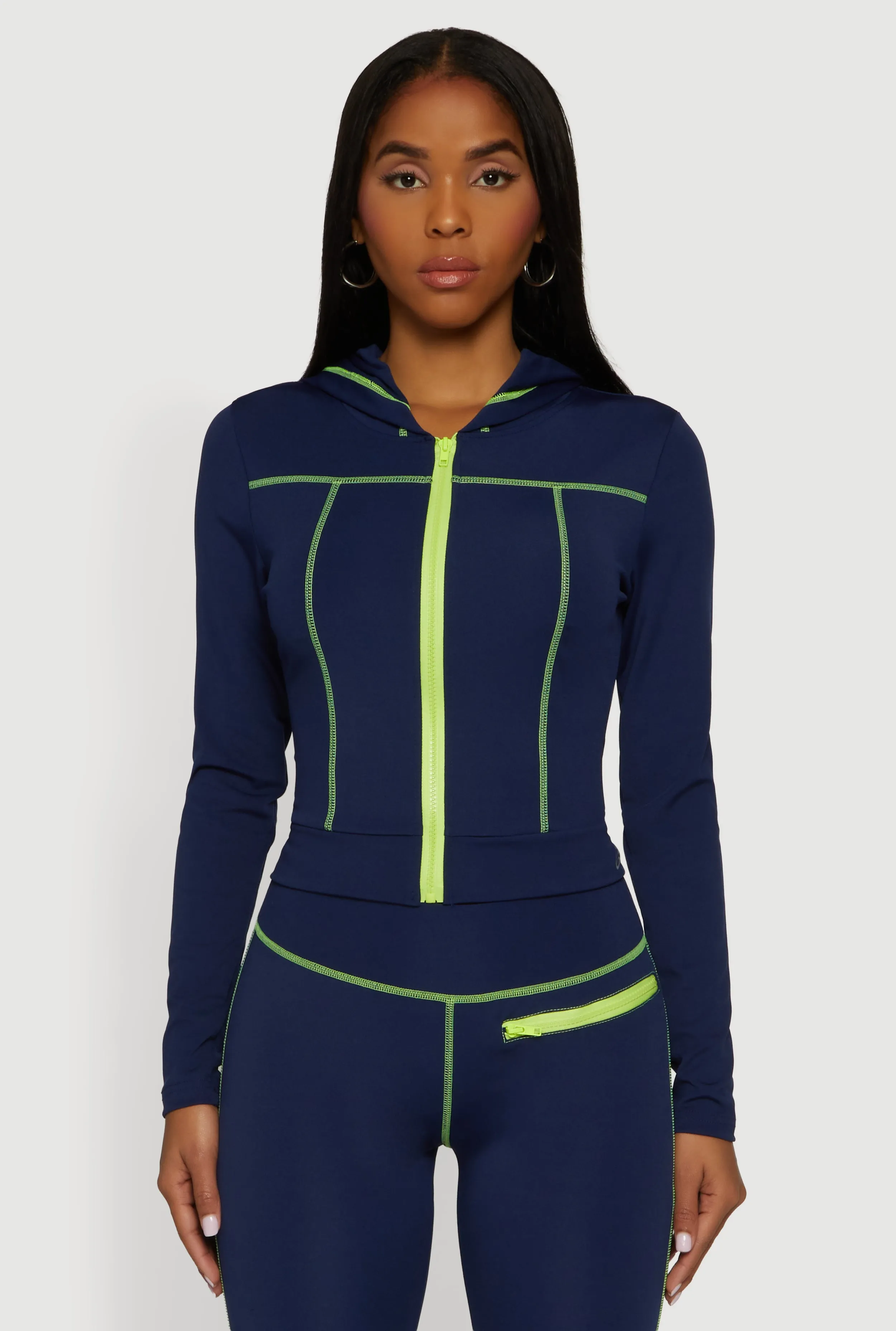 Zip Front Hooded Track Jacket with Decorative Stitching sold by Rainbow