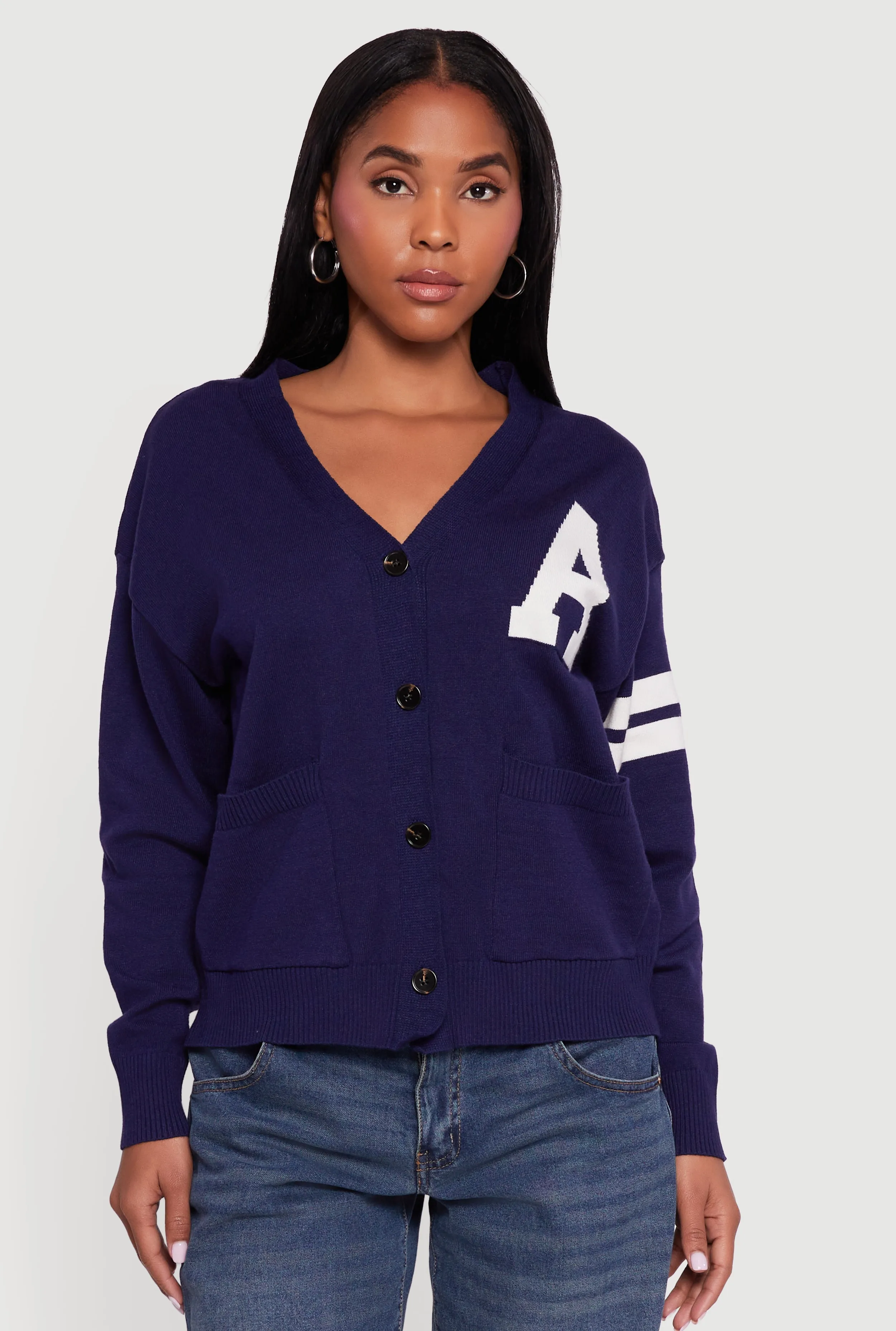 A Initial Button Front Varsity Cardigan sold by Rainbow product image thumbnail 2
