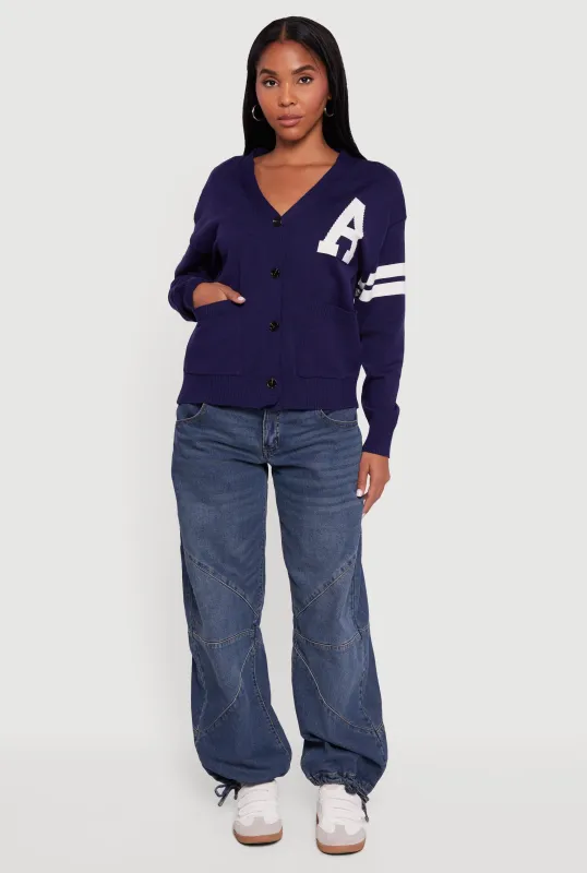 A Initial Button Front Varsity Cardigan sold by Rainbow
