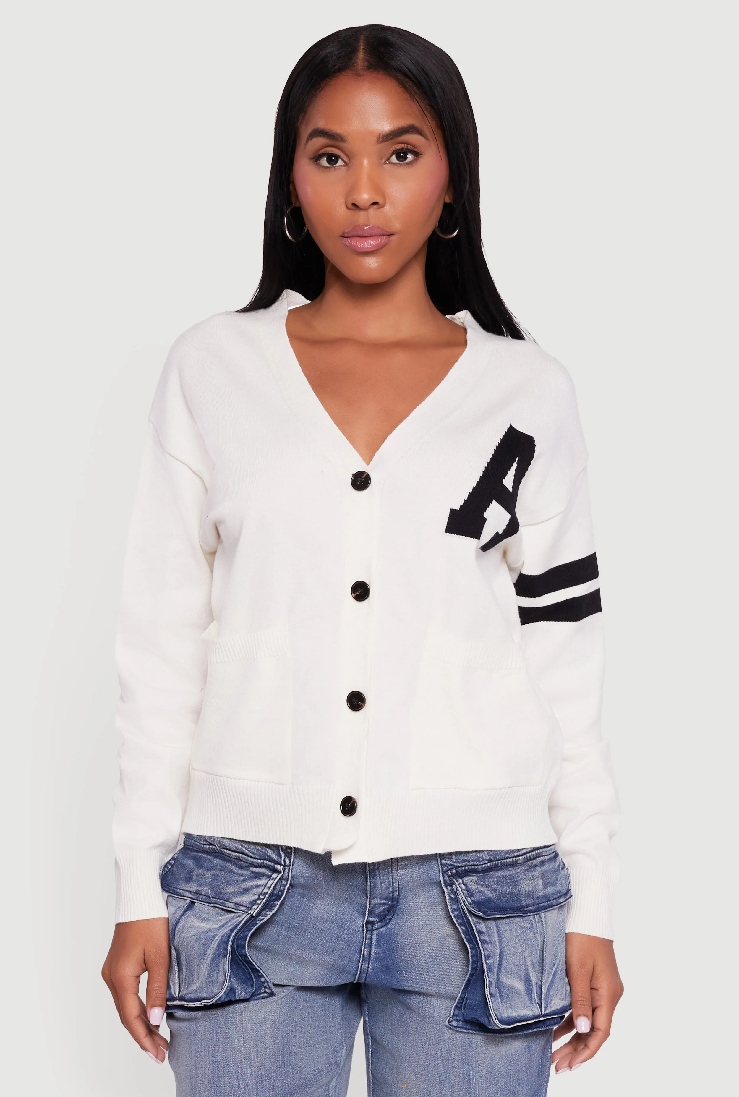 A Initial Button Front Varsity Cardigan sold by Rainbow product image thumbnail 2