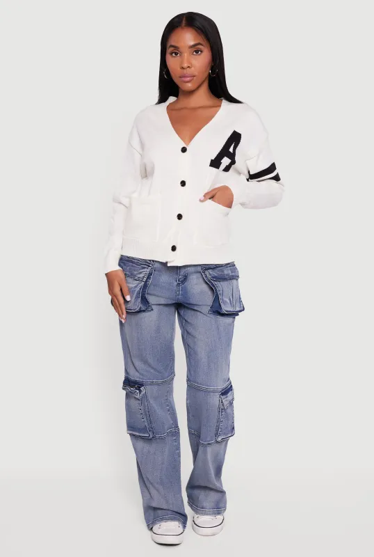 A Initial Button Front Varsity Cardigan sold by Rainbow