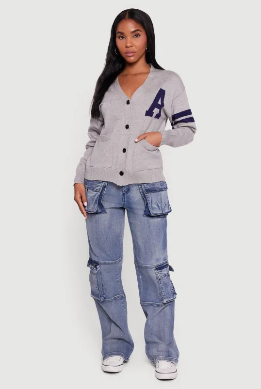A Initial Button Front Varsity Cardigan sold by Rainbow