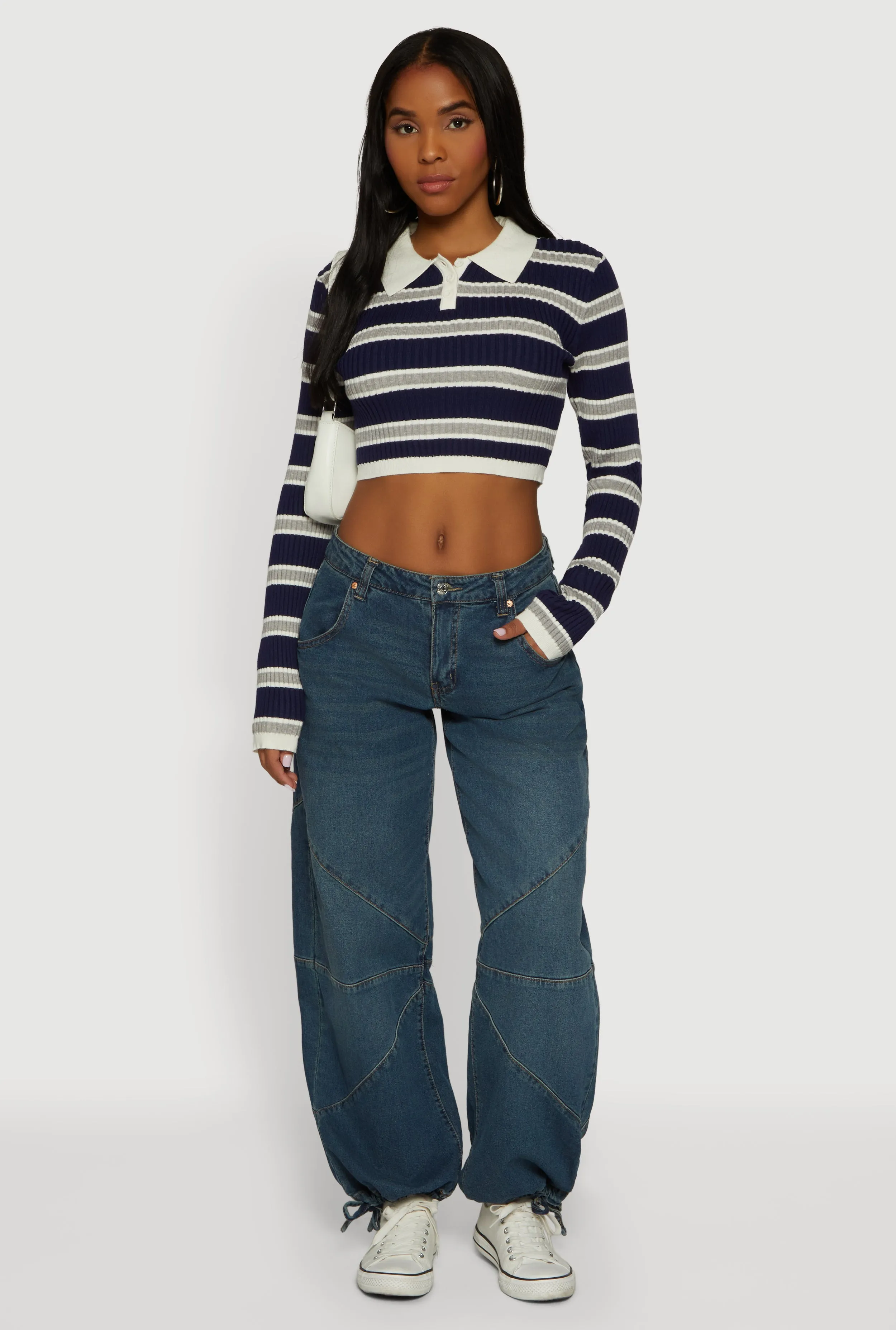 Striped Ribbed Knit Cropped Polo Sweater sold by Rainbow product image thumbnail 3