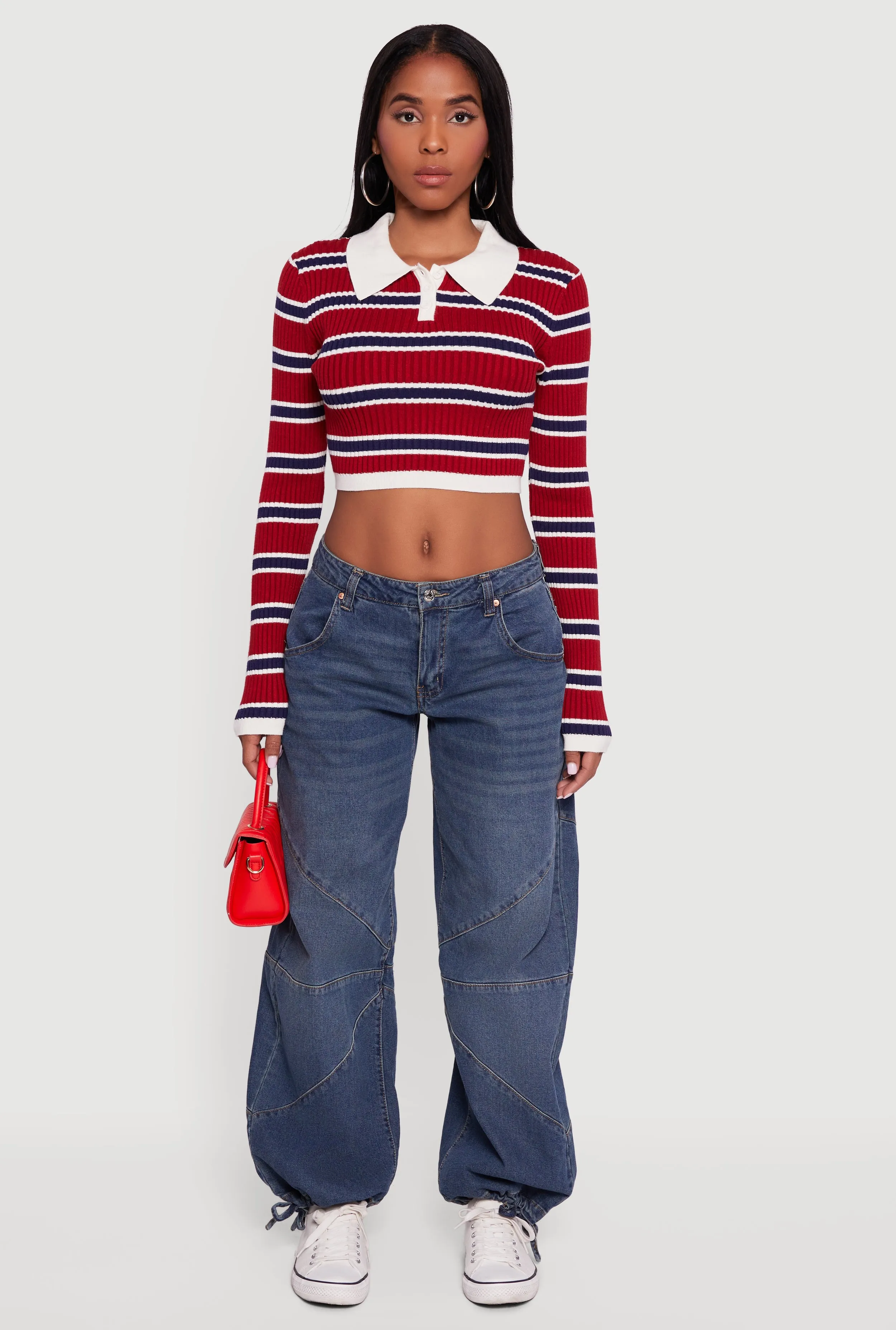 Striped Ribbed Knit Cropped Polo Sweater sold by Rainbow product image thumbnail 2