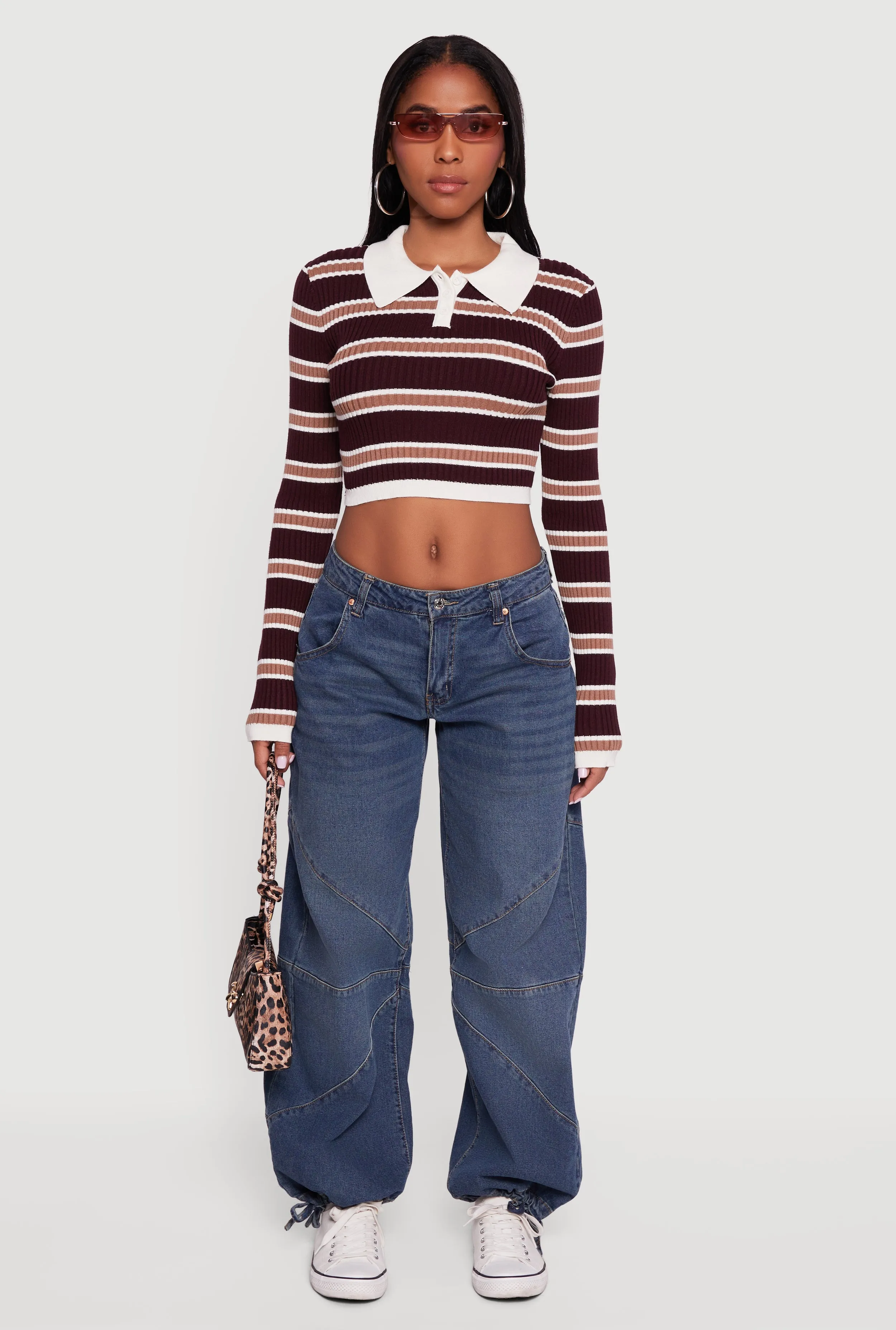 Striped Ribbed Knit Cropped Polo Sweater sold by Rainbow