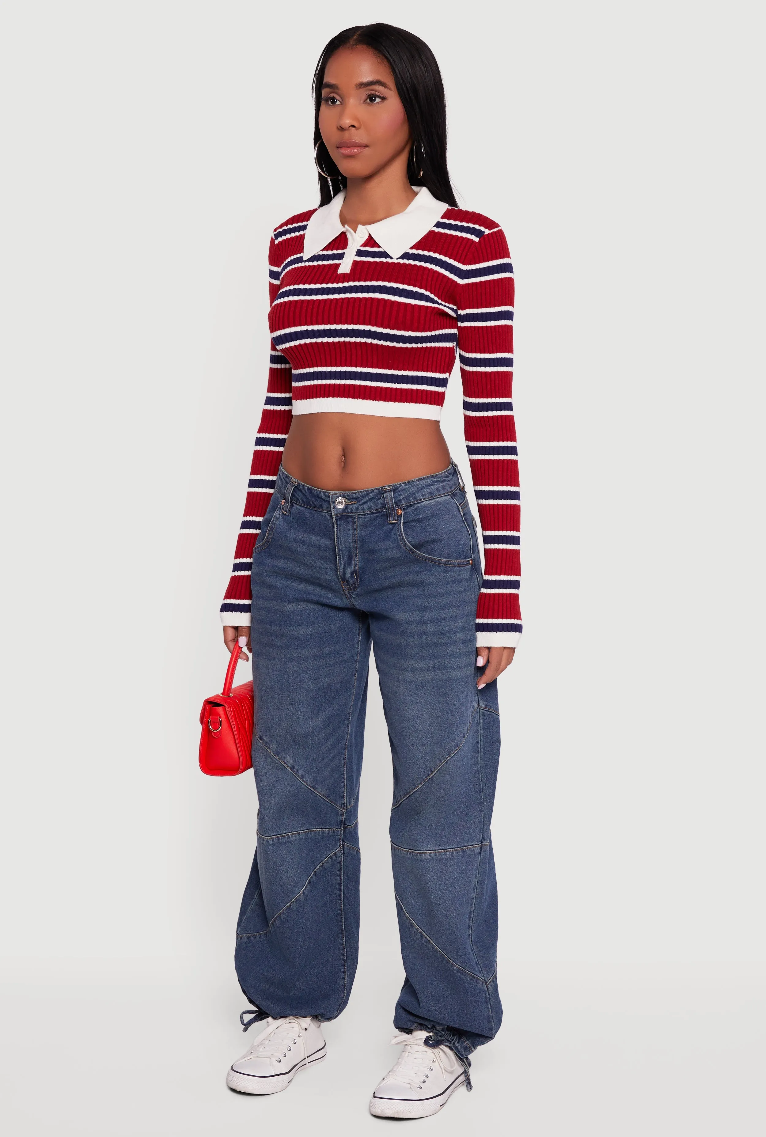 Striped Ribbed Knit Cropped Polo Sweater sold by Rainbow product image thumbnail 5