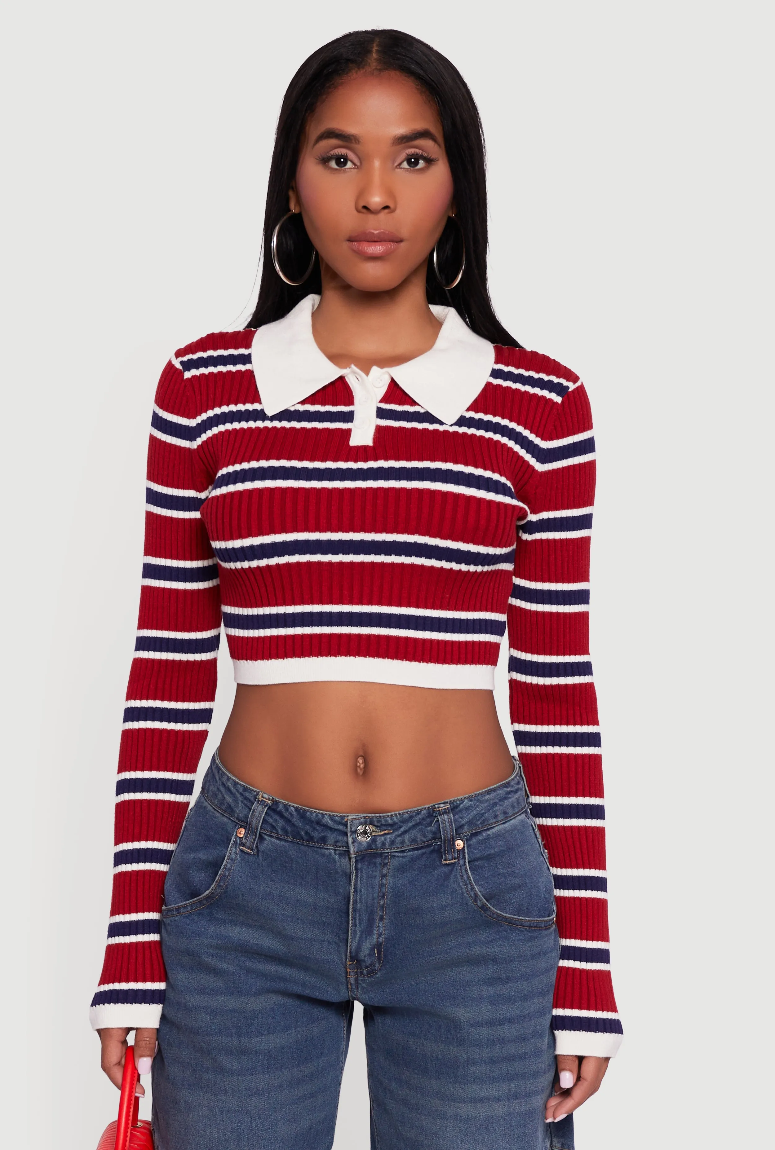 Striped Ribbed Knit Cropped Polo Sweater sold by Rainbow product image thumbnail 2
