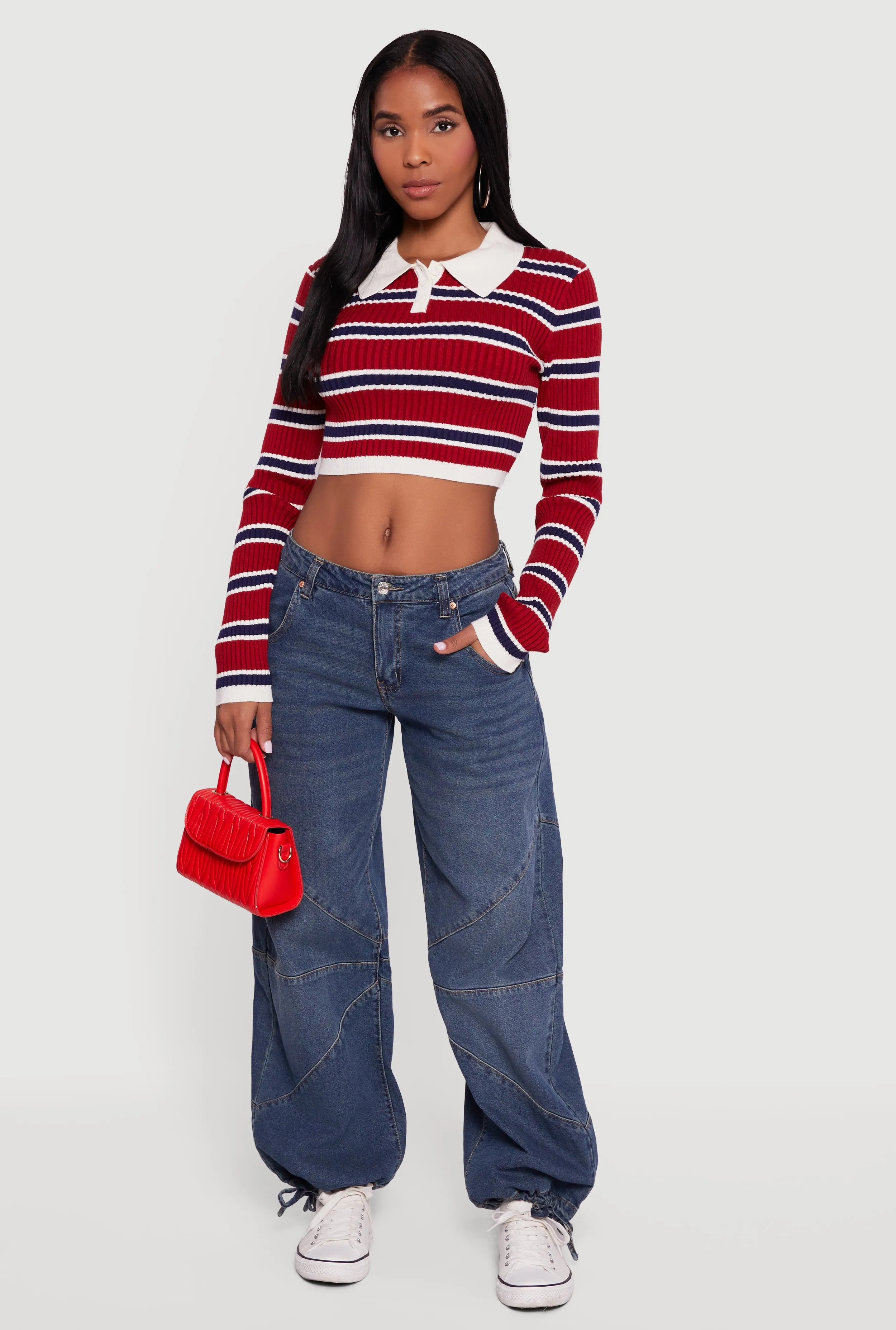 Striped Ribbed Knit Cropped Polo Sweater sold by Rainbow product image thumbnail 3
