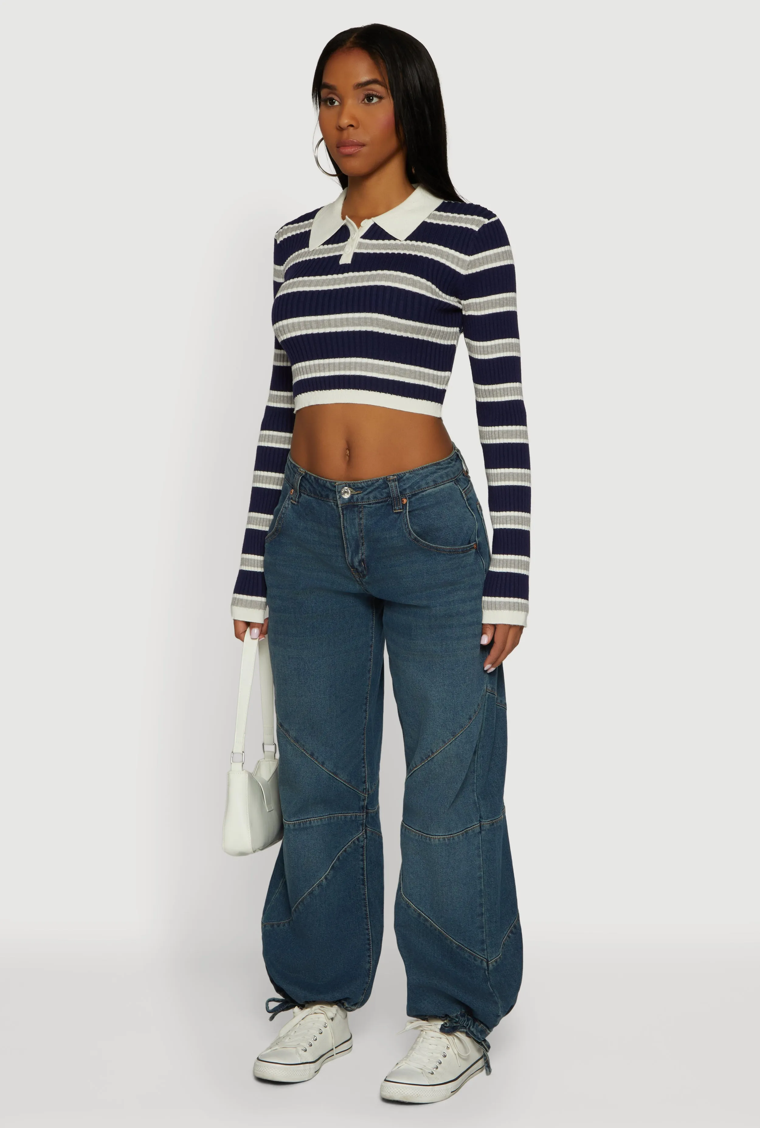 Striped Ribbed Knit Cropped Polo Sweater sold by Rainbow product image thumbnail 5