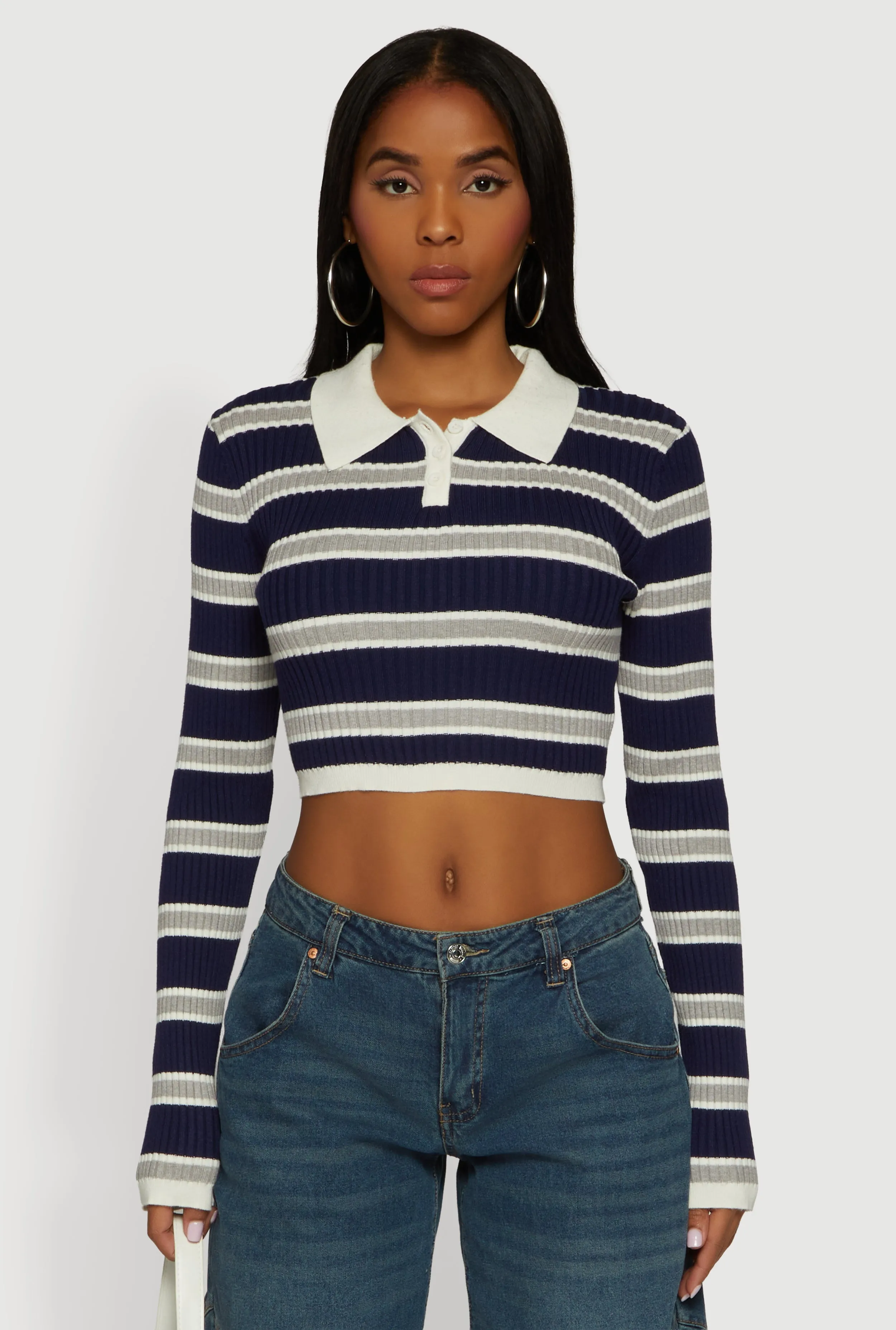 Striped Ribbed Knit Cropped Polo Sweater sold by Rainbow product image thumbnail 2
