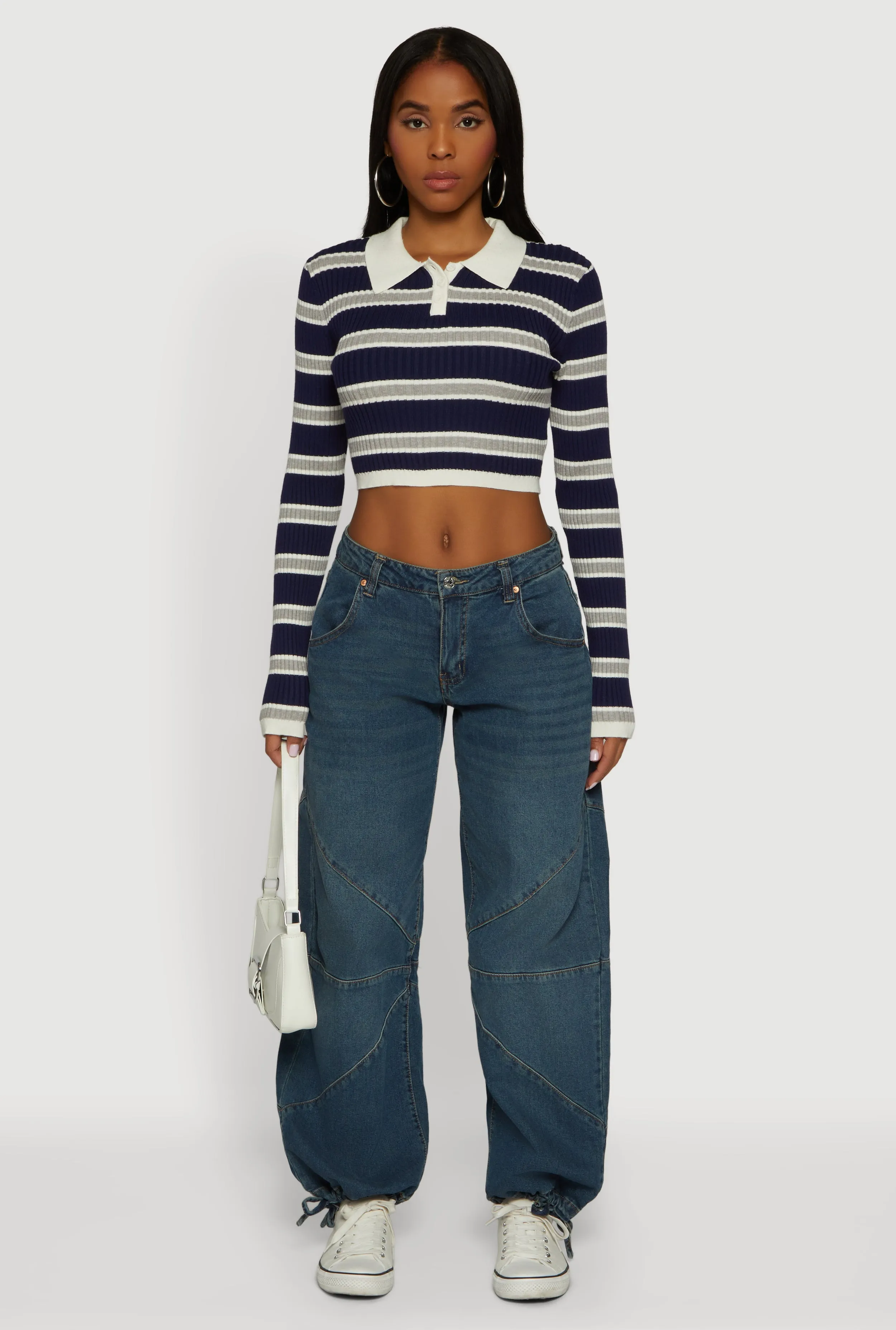 Striped Ribbed Knit Cropped Polo Sweater sold by Rainbow product image thumbnail 3