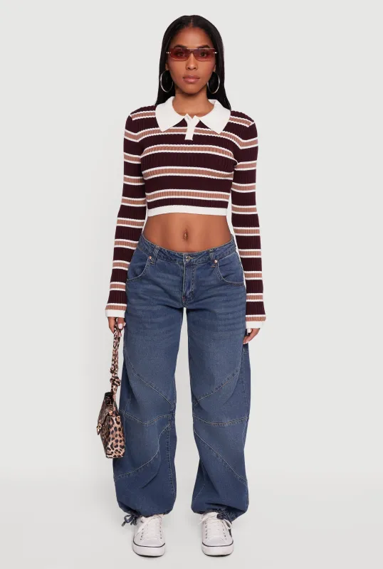 Striped Ribbed Knit Cropped Polo Sweater sold by Rainbow