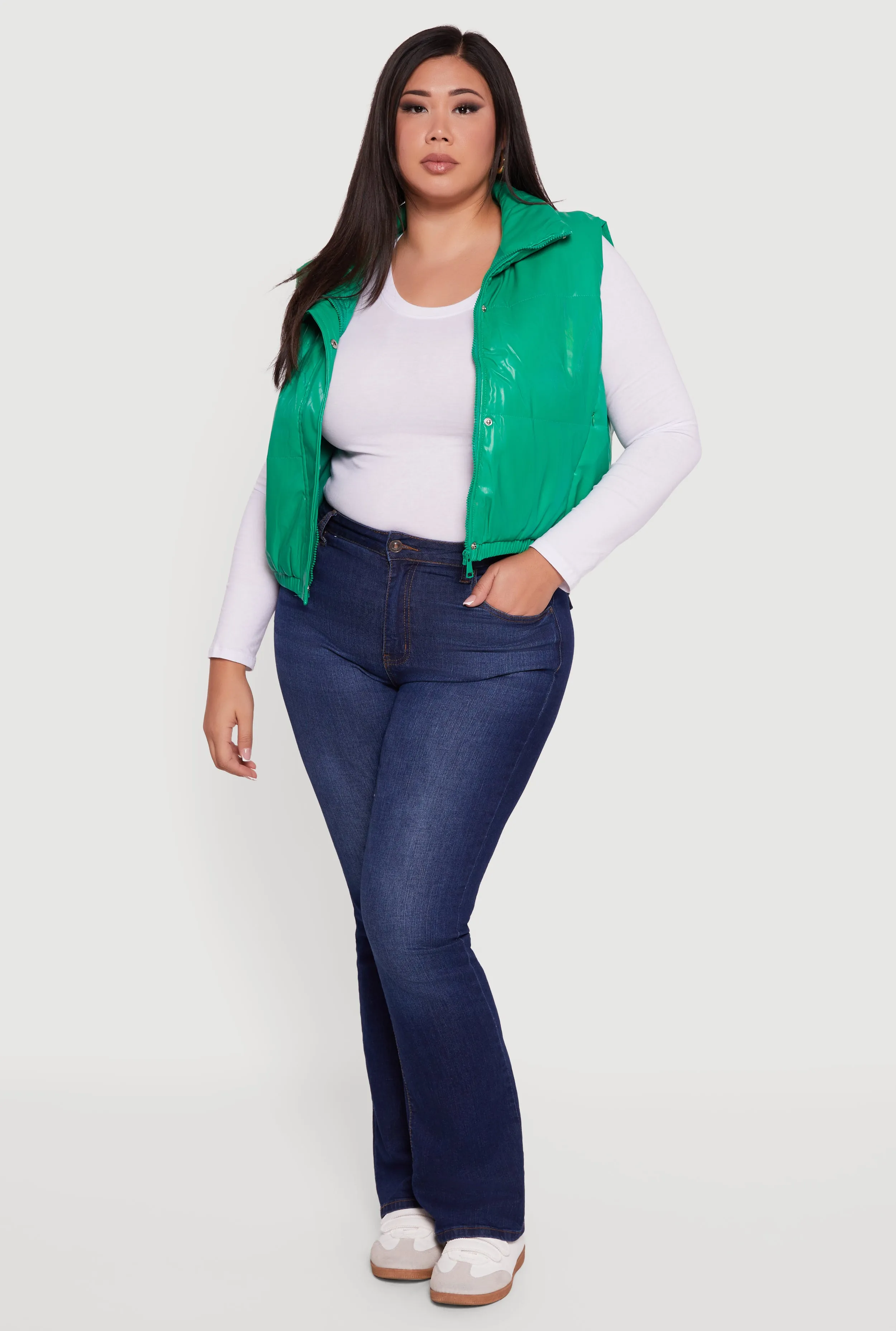 Plus Size Faux Leather Snap Button Zip Front Puffer Vest sold by Rainbow