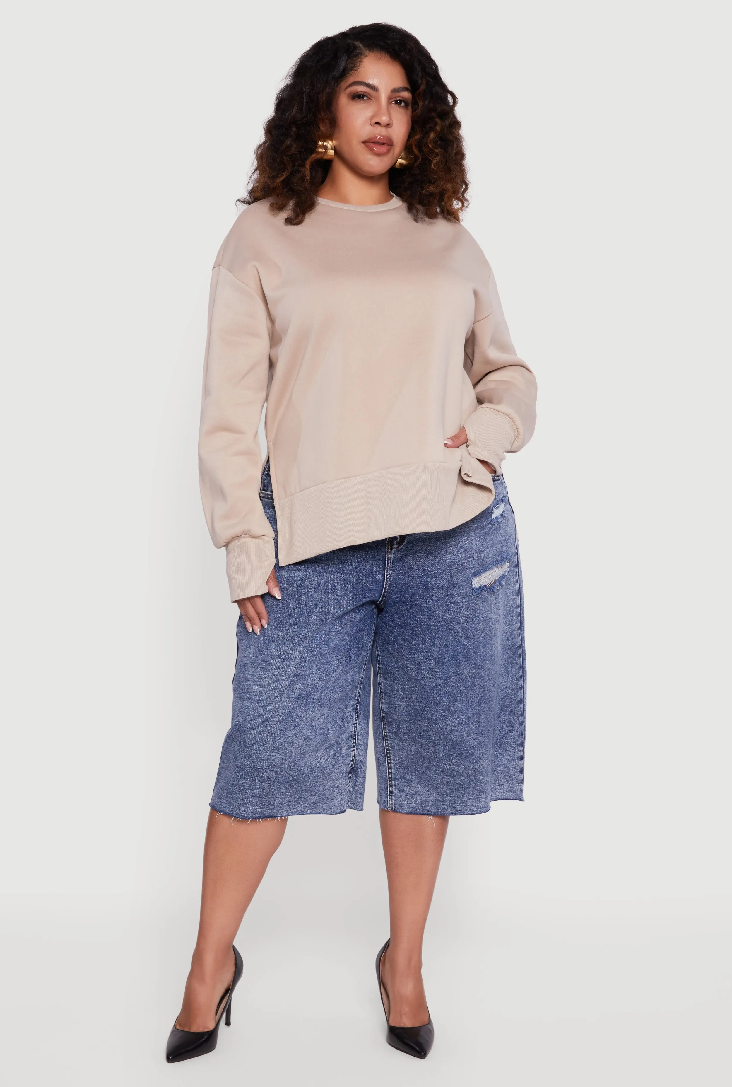 Plus Size Thumb Hole Detail Side Slit Oversized Sweatshirt sold by Rainbow