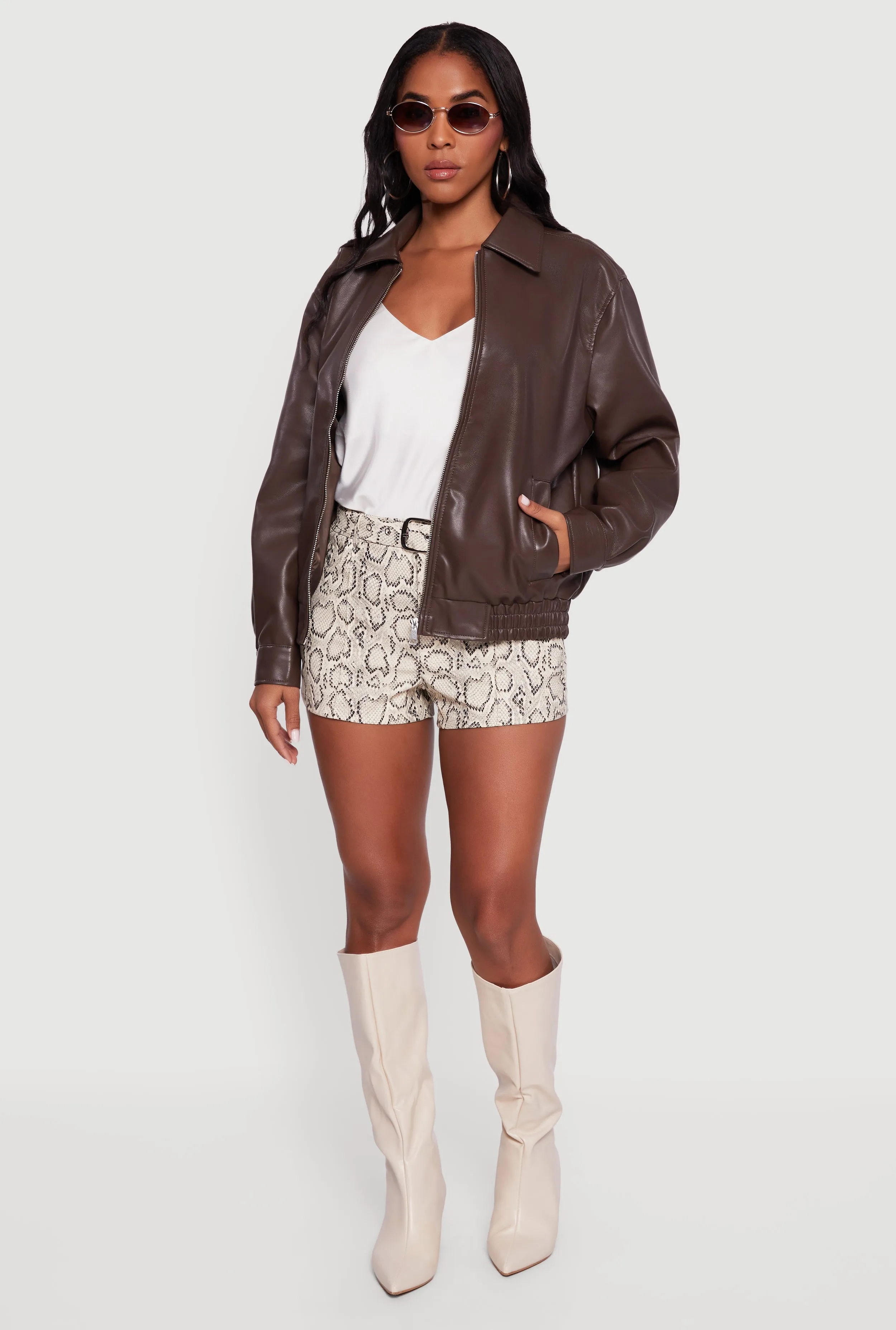 Faux Leather Zip Front Bomber Jacket sold by Rainbow