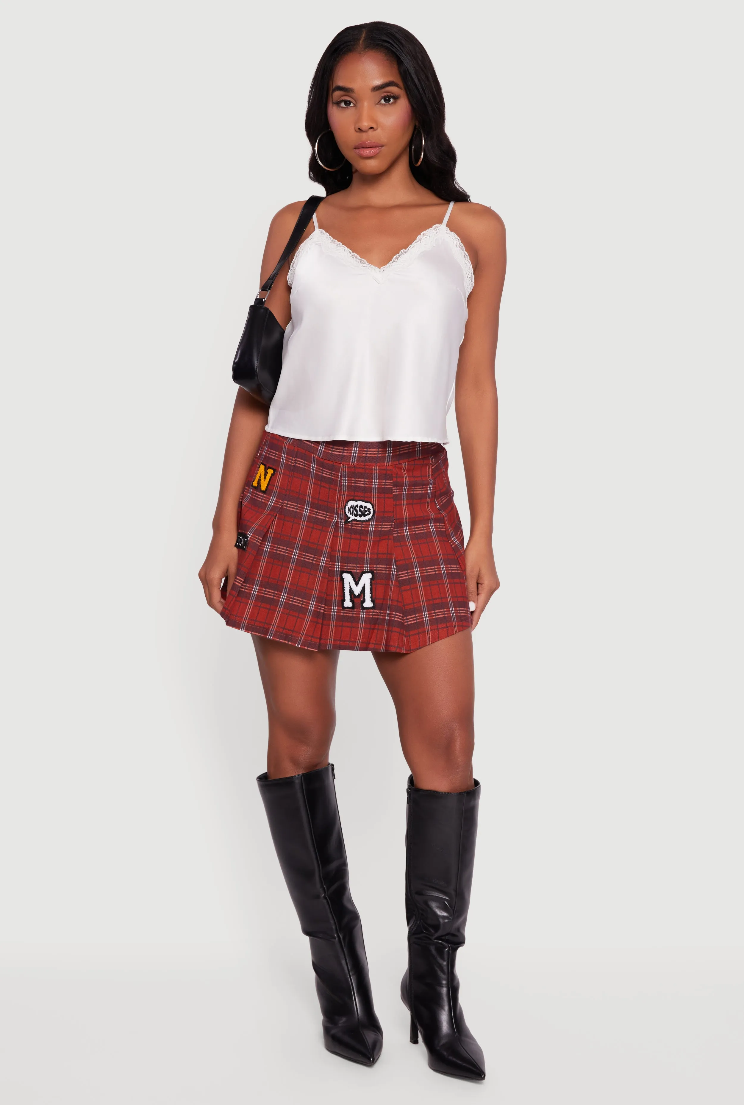 Embroidered Graphic Patch Plaid Pleated Skirt sold by Rainbow
