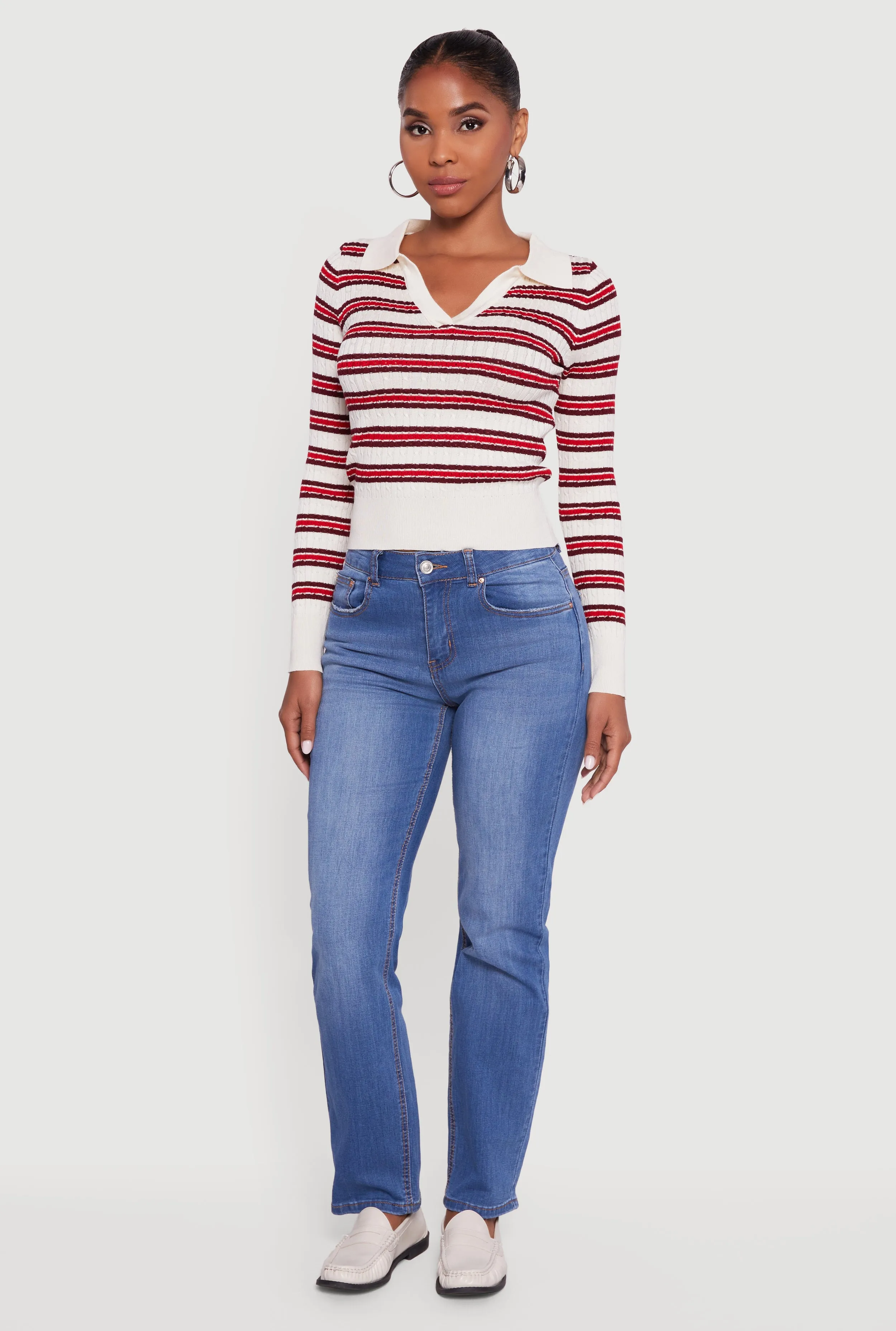 Elara Striped Cable Knit Polo Sweater sold by Rainbow