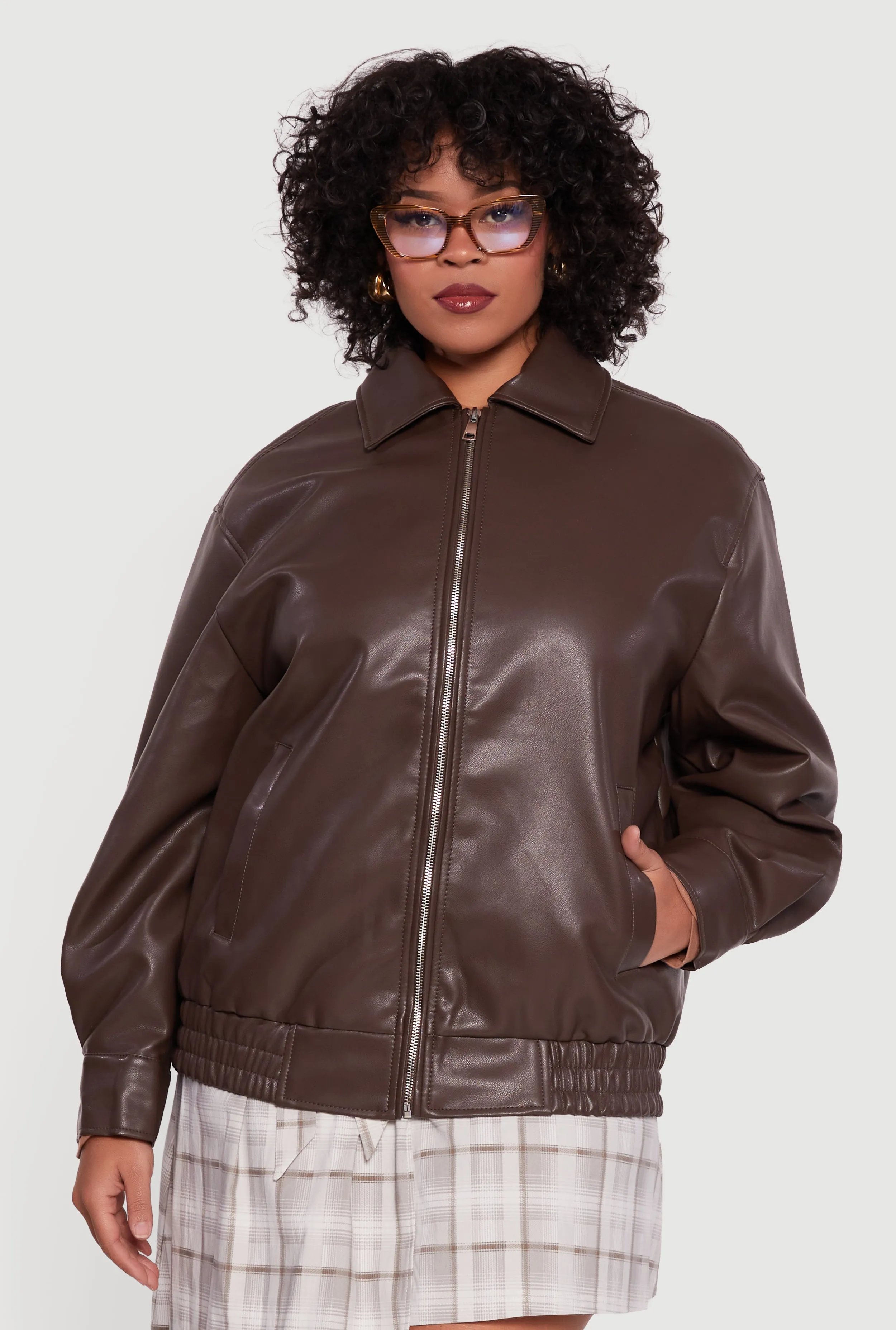 Plus Size Faux Leather Zip Front Bomber Jacket sold by Rainbow product image thumbnail 2