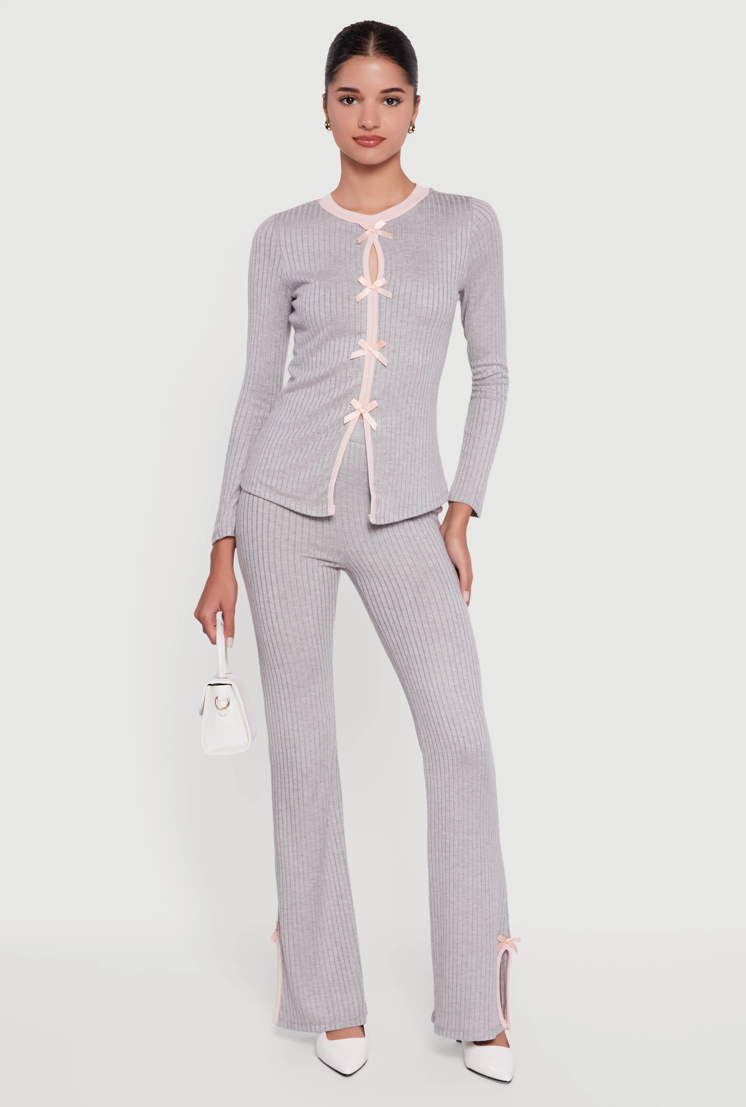 Ribbed Knit Long Sleeve Crew Neck Top with Bows sold by Rainbow product image thumbnail 2