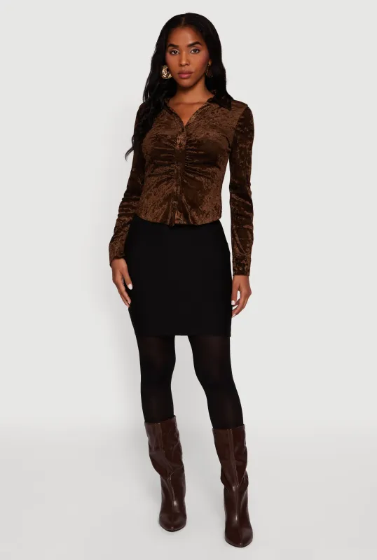 Crushed Velvet Ruched Button Front Shirt sold by Rainbow