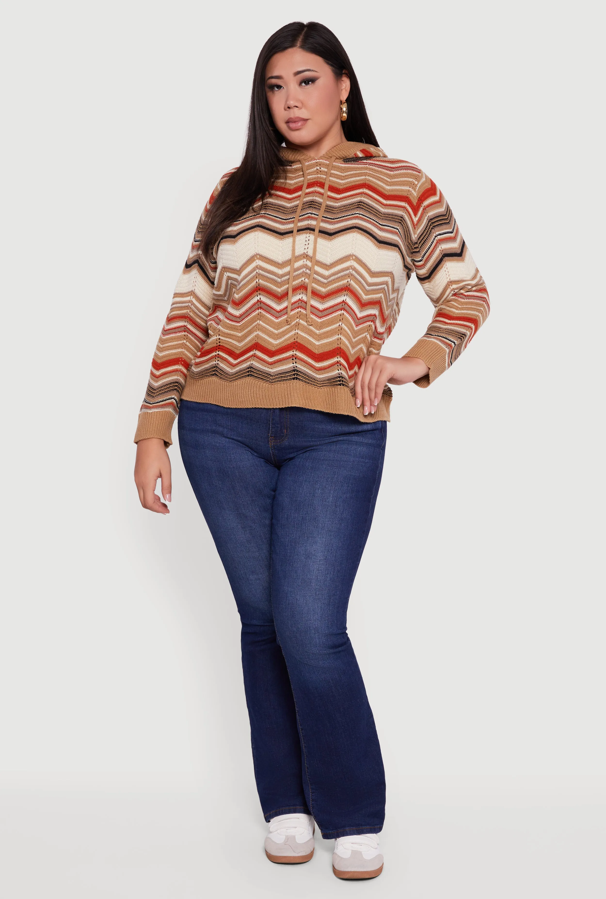 Plus Size Chevron Pointelle Knit Hooded Pullover Sweater sold by Rainbow