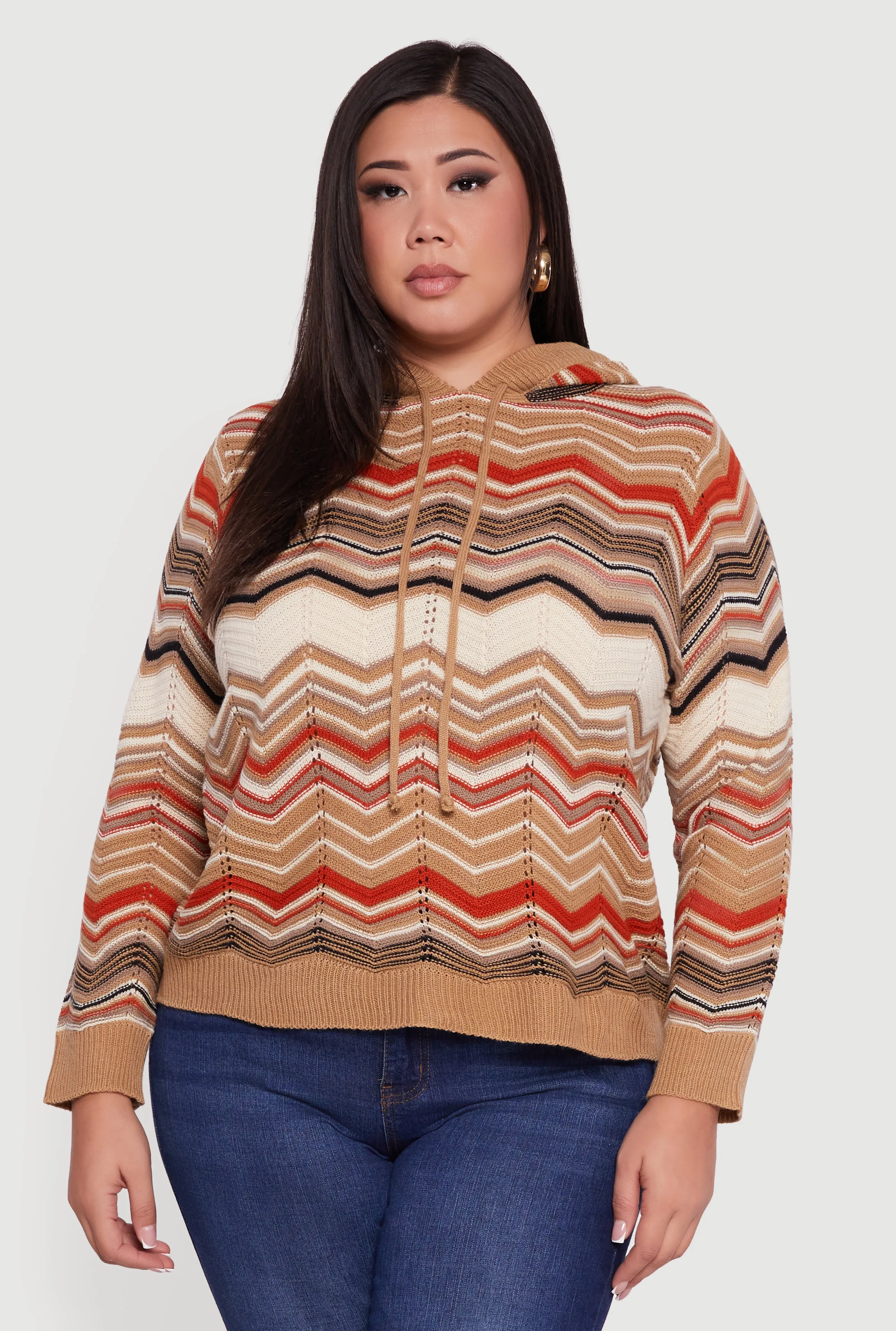 Plus Size Chevron Pointelle Knit Hooded Pullover Sweater sold by Rainbow product image thumbnail 2