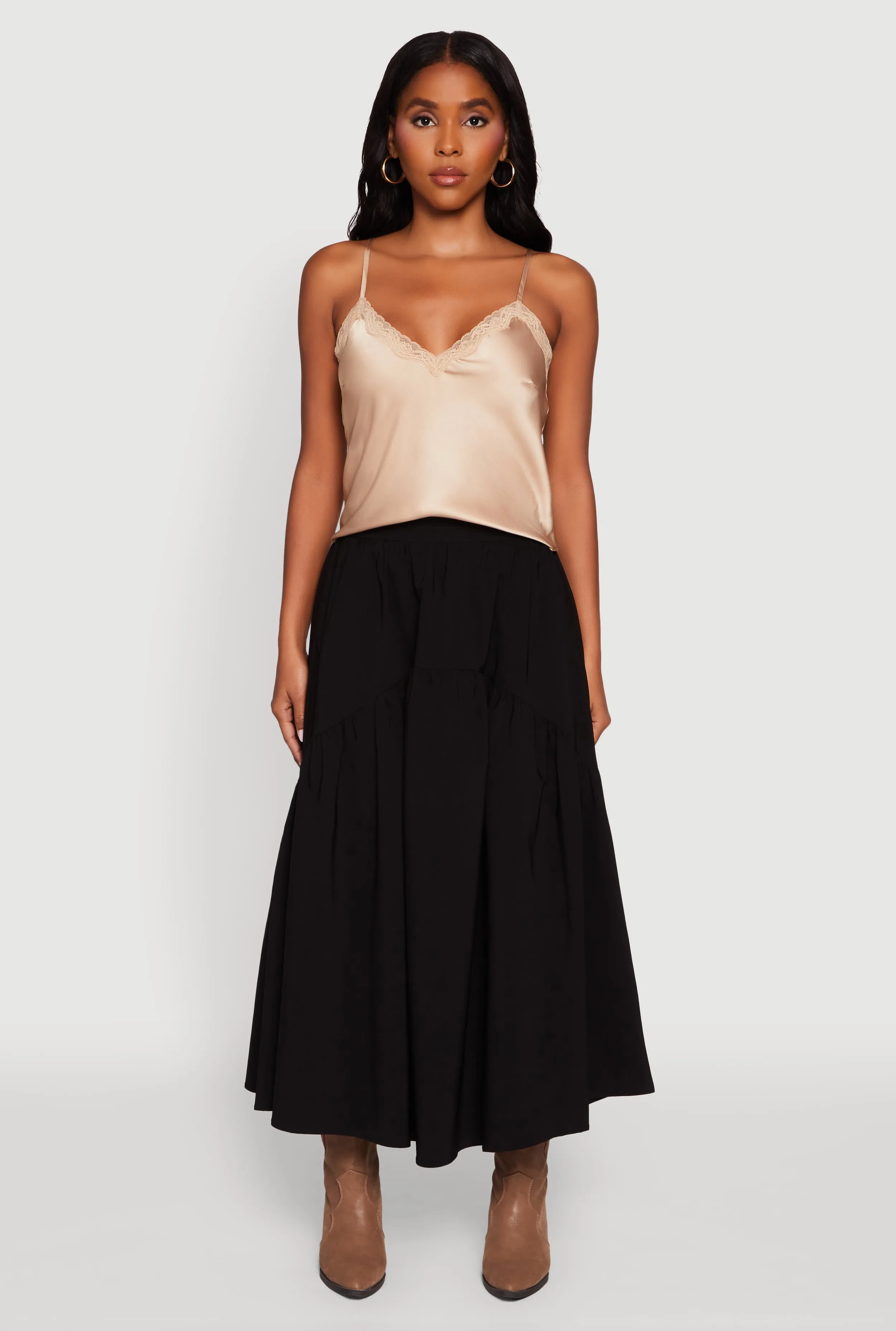 Lena High Waisted Tiered Nylon Maxi Skirt sold by Rainbow