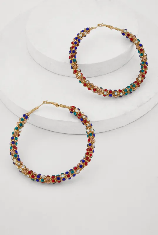 Metallic Rhinestone Hoop Earrings sold by Rainbow