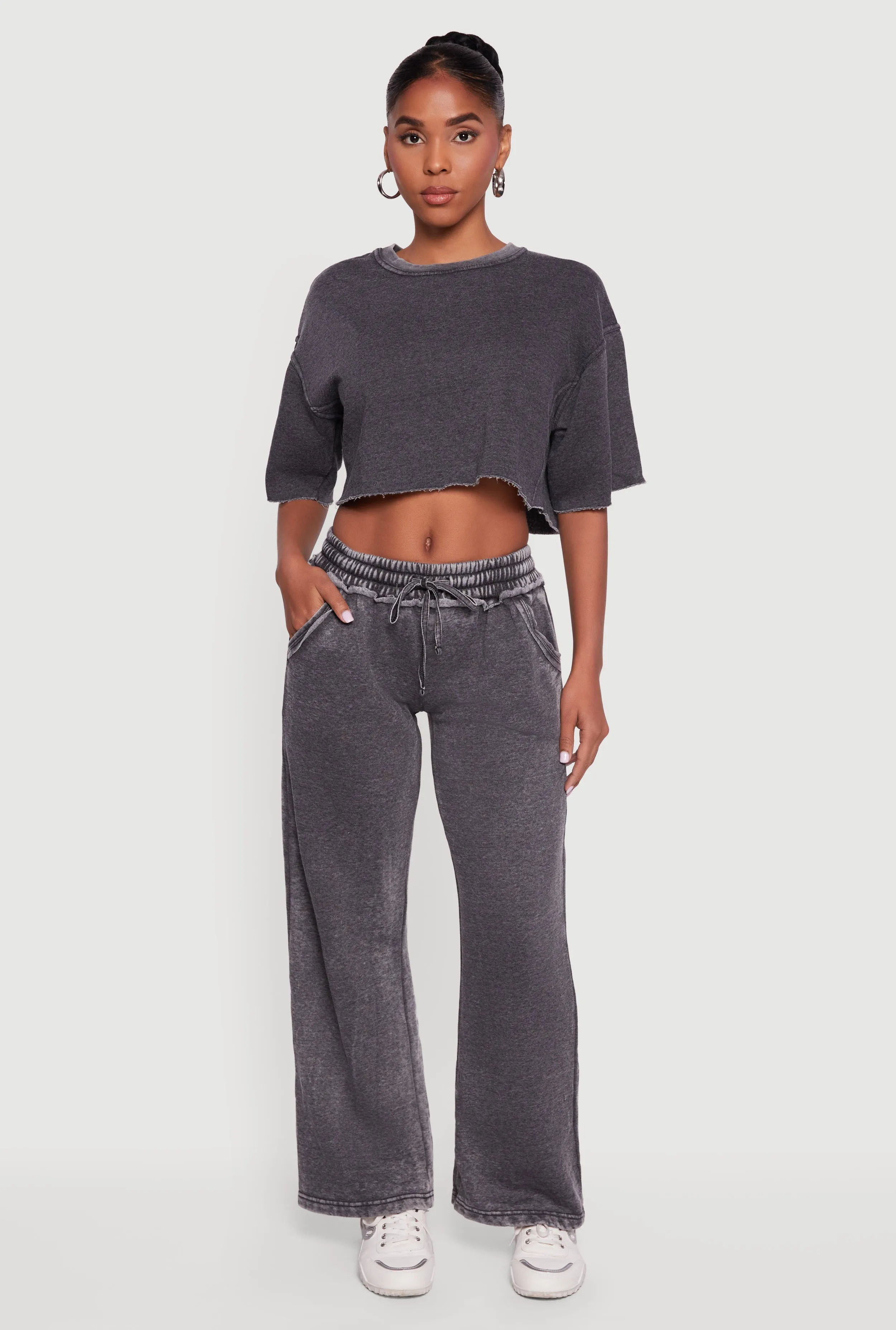 Acid Wash Wide Leg Mid Rise Fleece Sweatpants sold by Rainbow