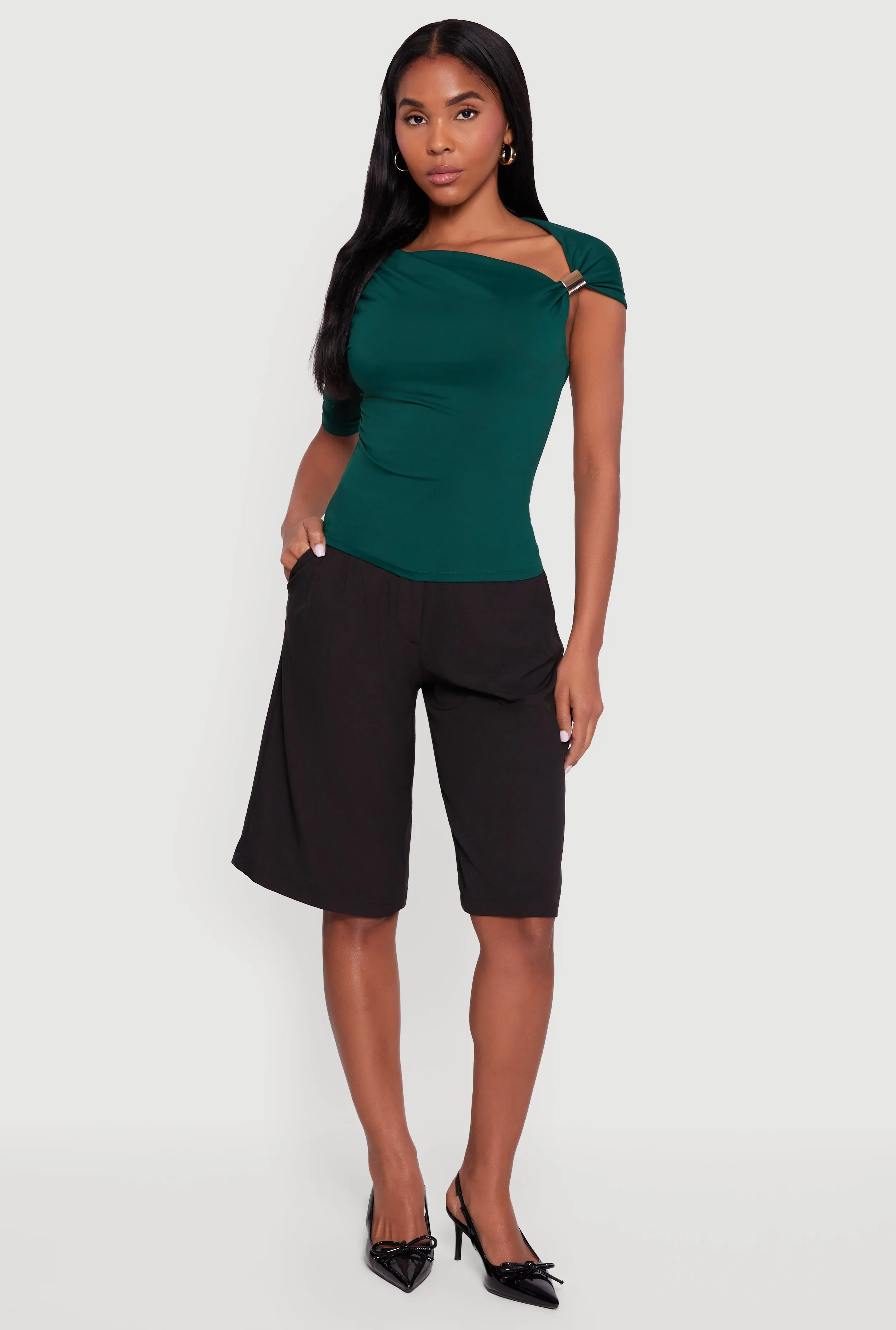 Metallic Detail Asymmetrical Neck Side Ruched Blouse sold by Rainbow product image thumbnail 3