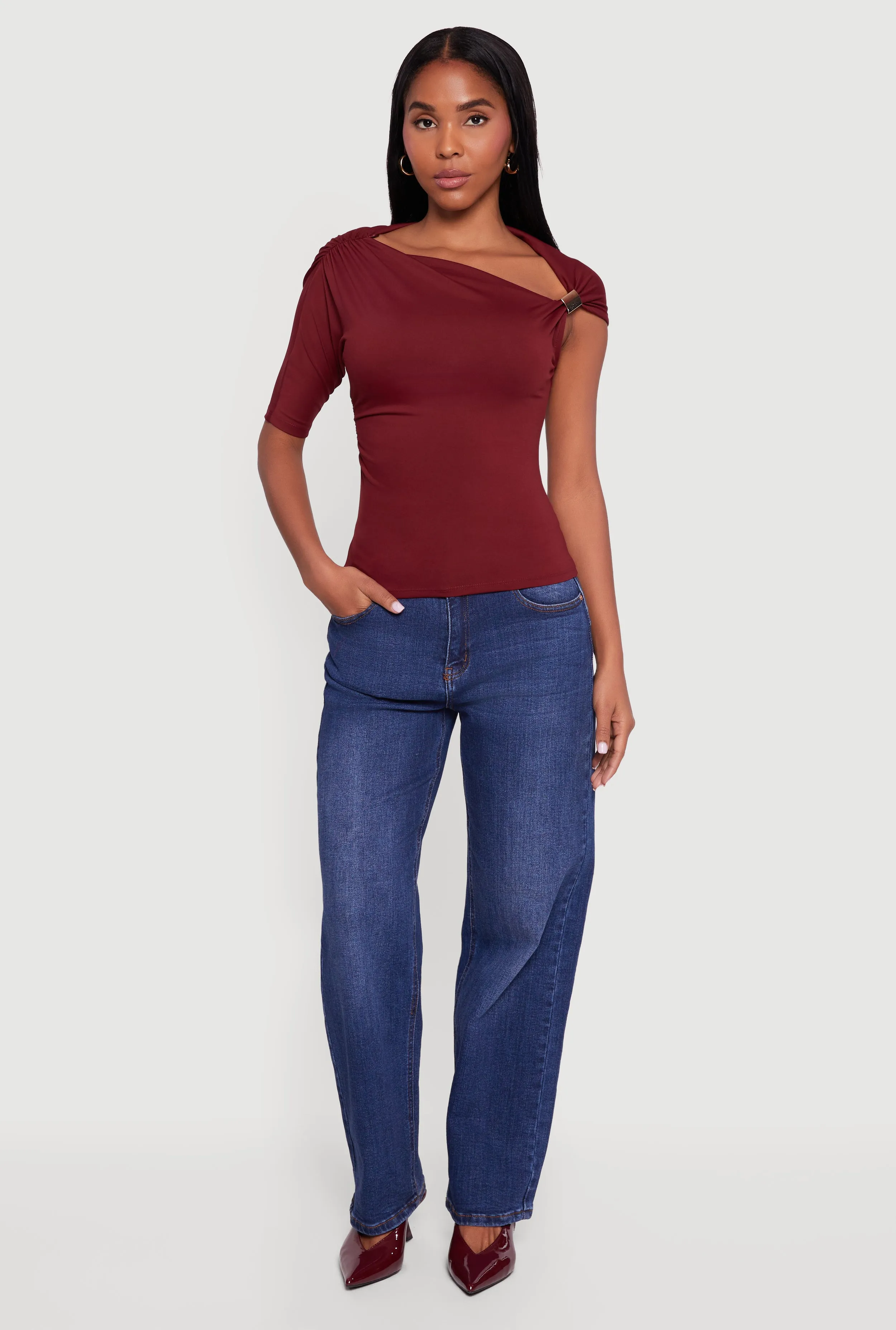 Metallic Detail Asymmetrical Neck Side Ruched Blouse sold by Rainbow product image thumbnail 4