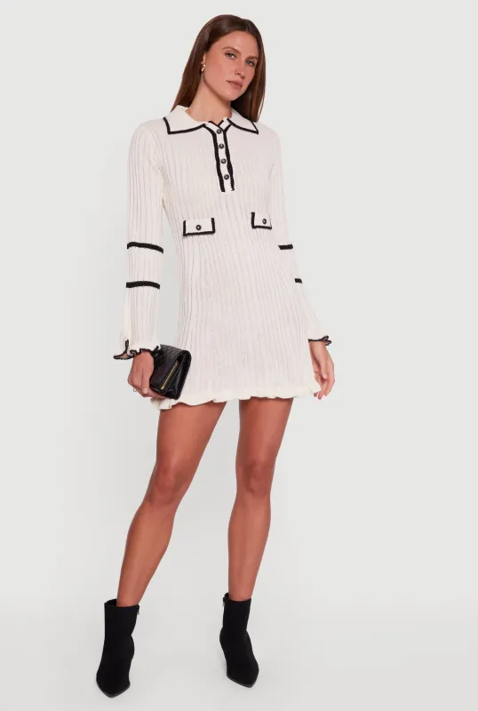Rib Knit Contrast Trim Polo Sweater Dress sold by Rainbow