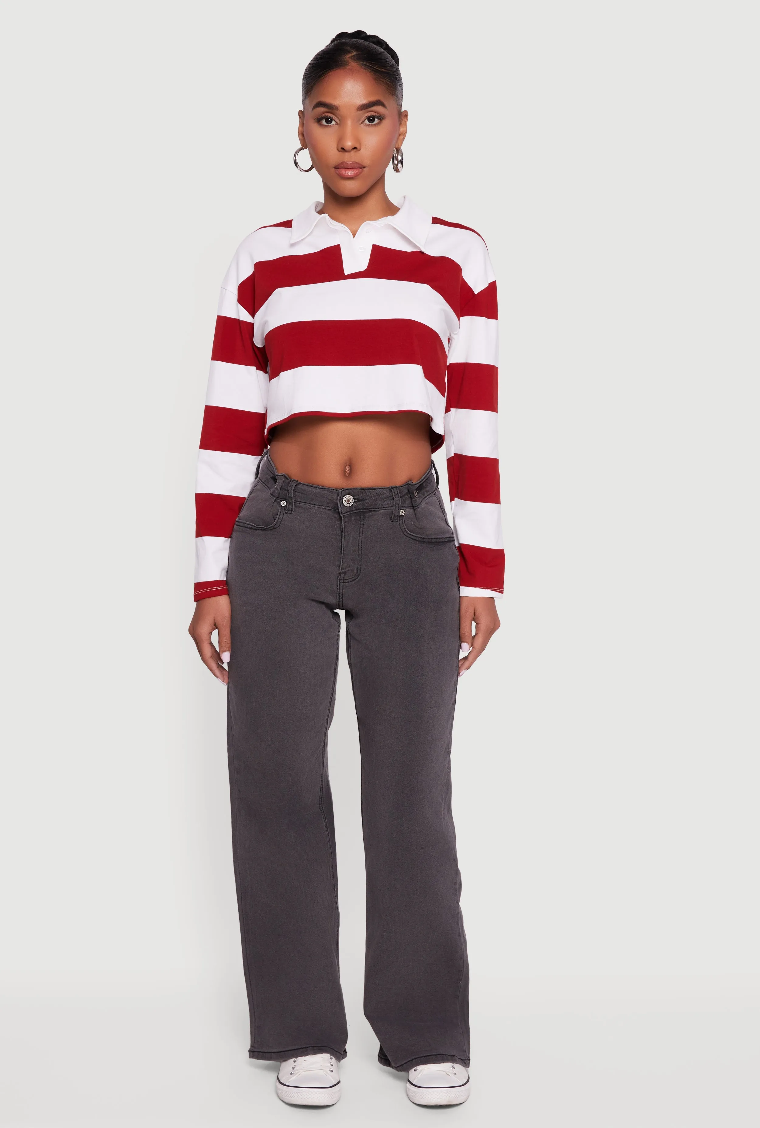 Striped Long Sleeve Polo Crop Top sold by Rainbow product image thumbnail 4