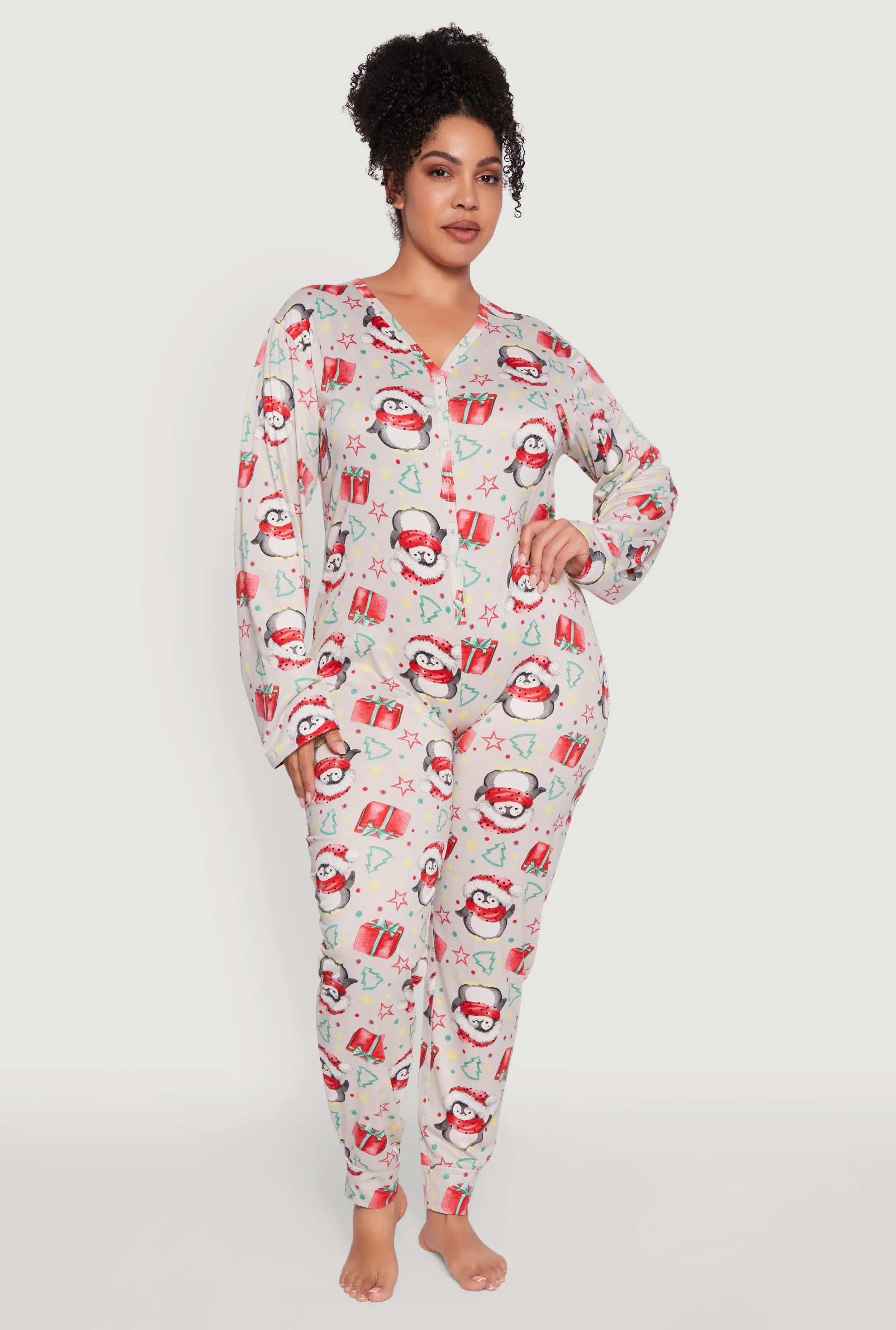 Plus Size Penguin Graphic Print Pajama Onesie sold by Rainbow