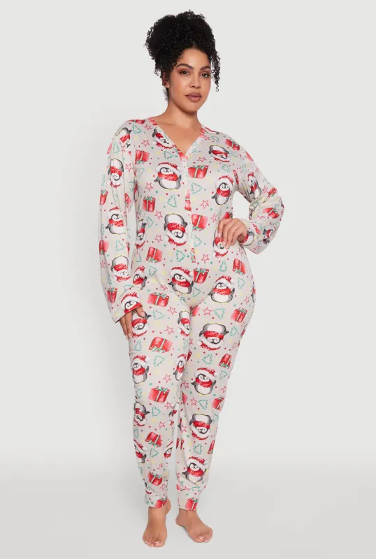 Plus Size Penguin Graphic Print Pajama Onesie sold by Rainbow
