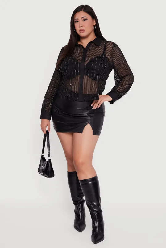 Plus Size Rhinestone Shadow Stripe Button Front Mesh Blouse sold by Rainbow