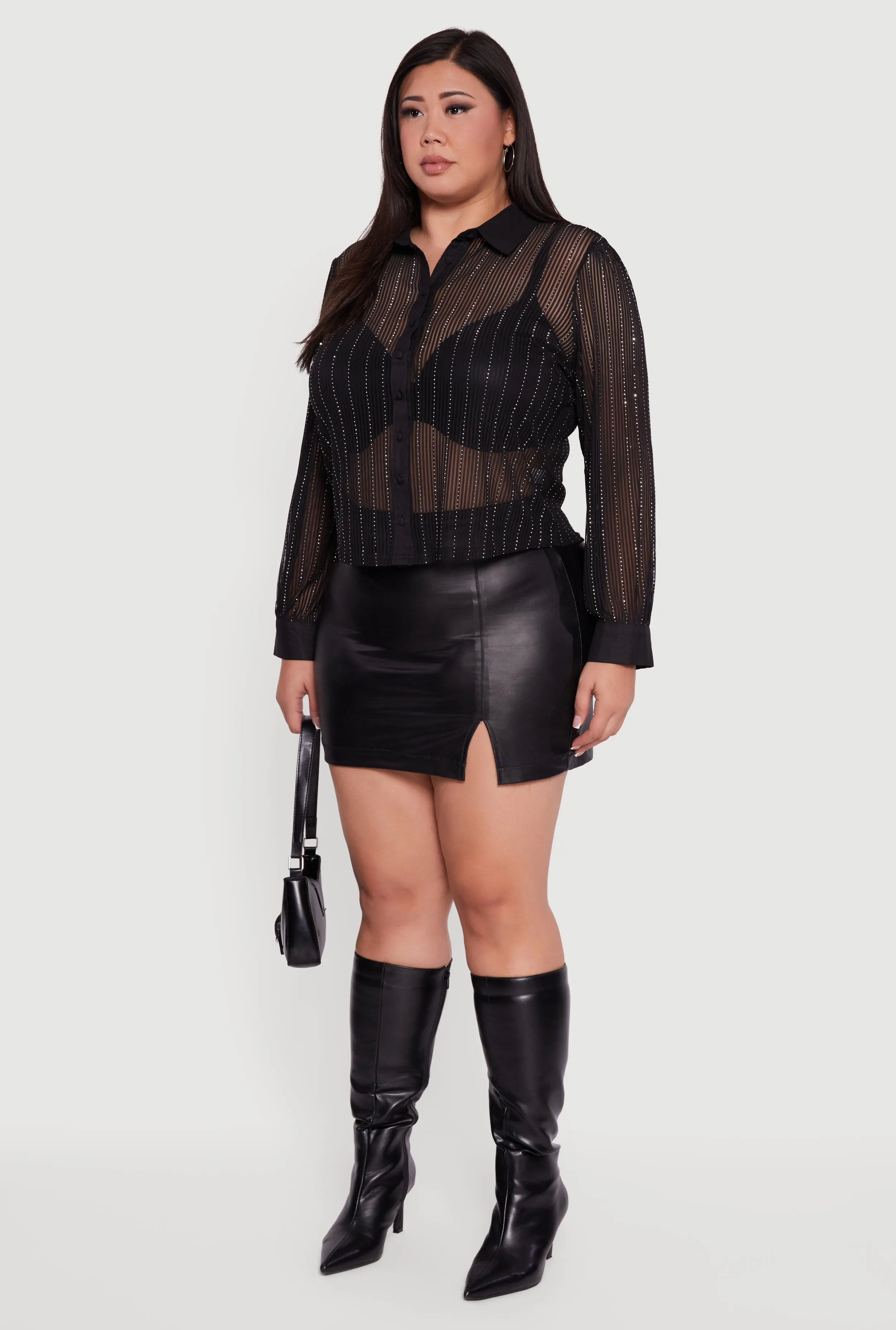 Plus Size Rhinestone Shadow Stripe Button Front Mesh Blouse sold by Rainbow product image thumbnail 5