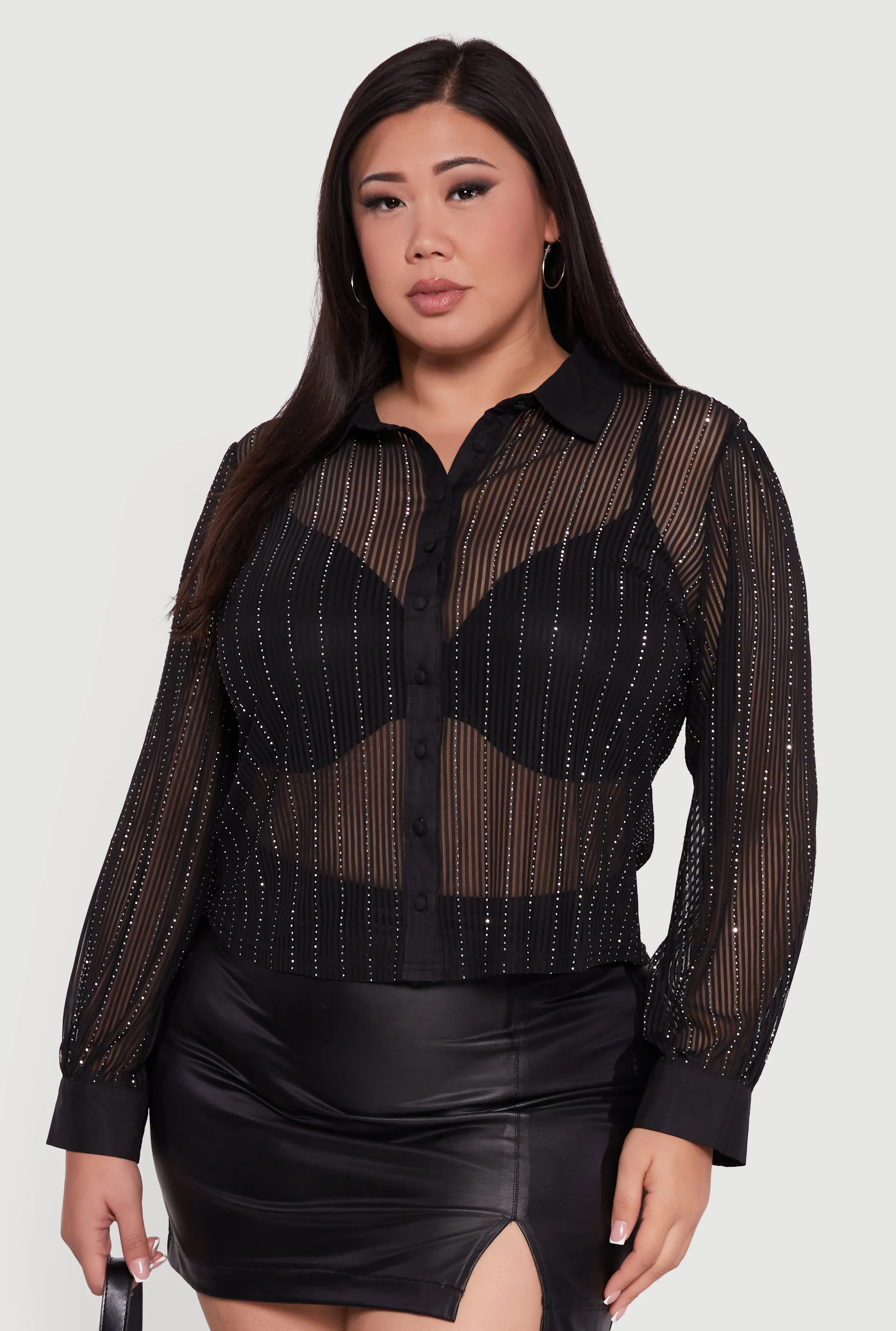 Plus Size Rhinestone Shadow Stripe Button Front Mesh Blouse sold by Rainbow product image thumbnail 2