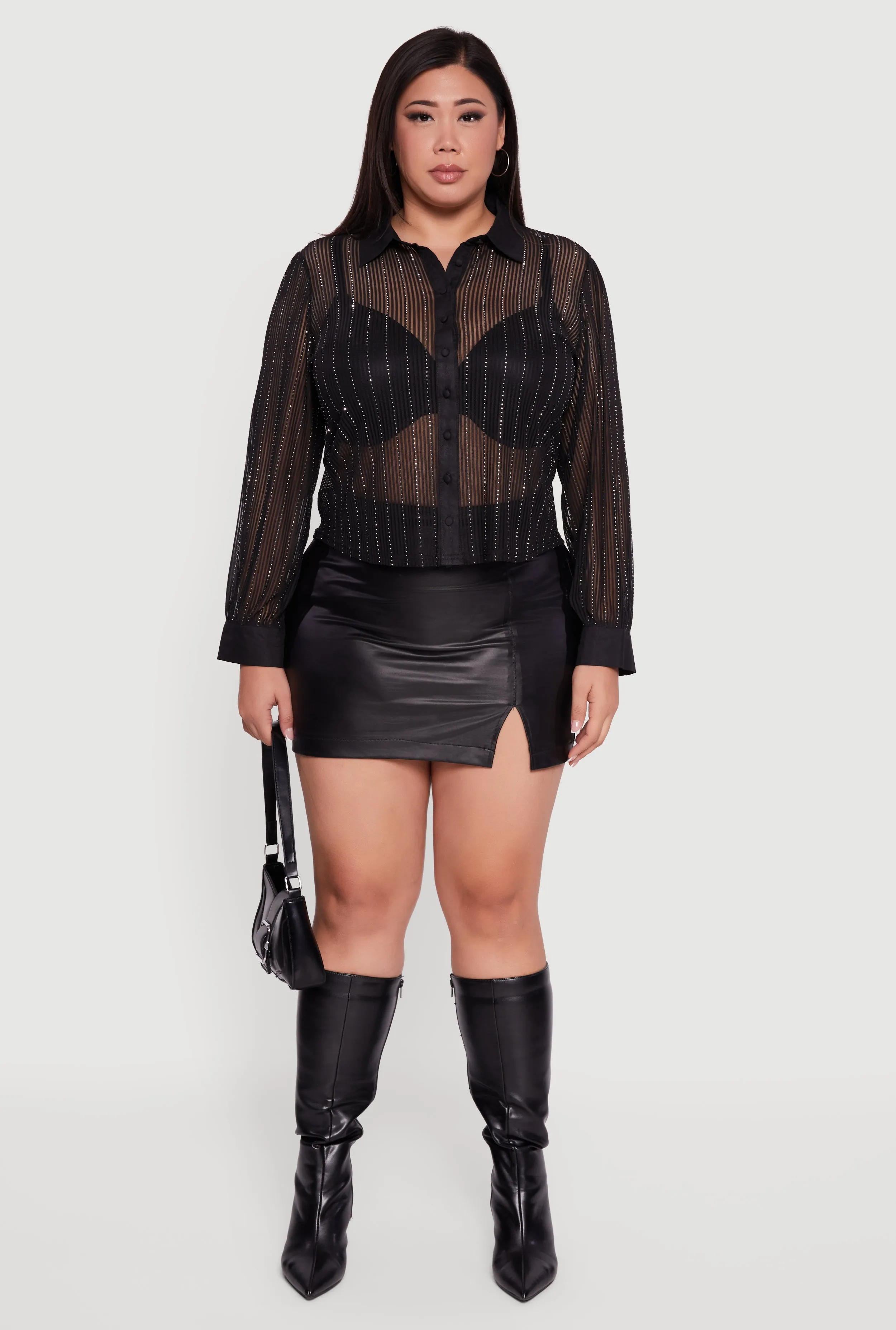 Plus Size Rhinestone Shadow Stripe Button Front Mesh Blouse sold by Rainbow product image thumbnail 3
