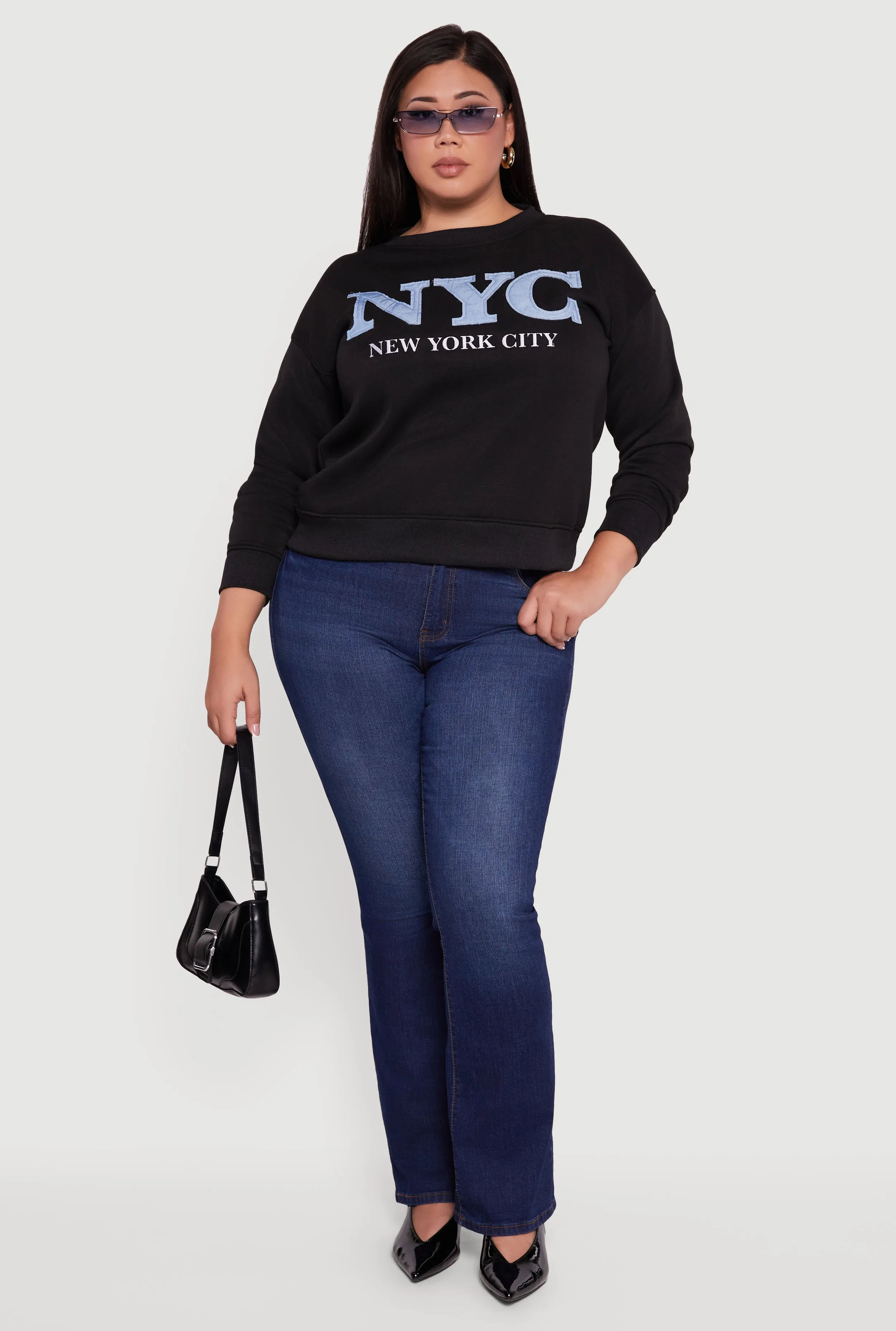 Plus Size Frayed NYC Chambray Patch Graphic Sweatshirt sold by Rainbow
