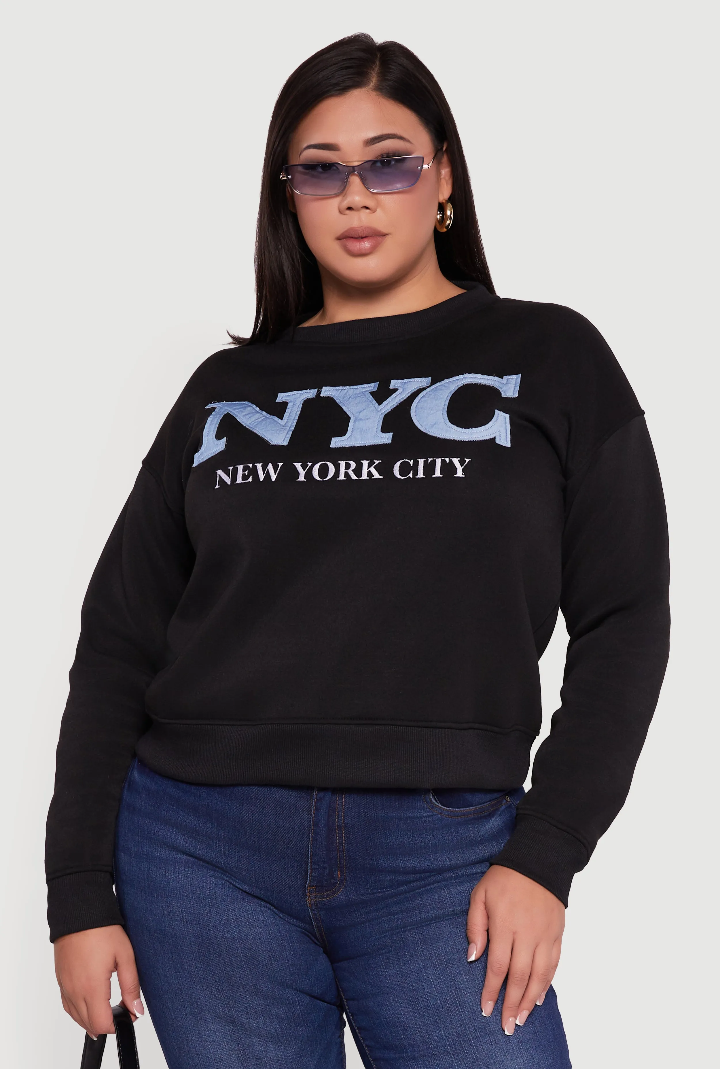 Plus Size Frayed NYC Chambray Patch Graphic Sweatshirt sold by Rainbow product image thumbnail 2
