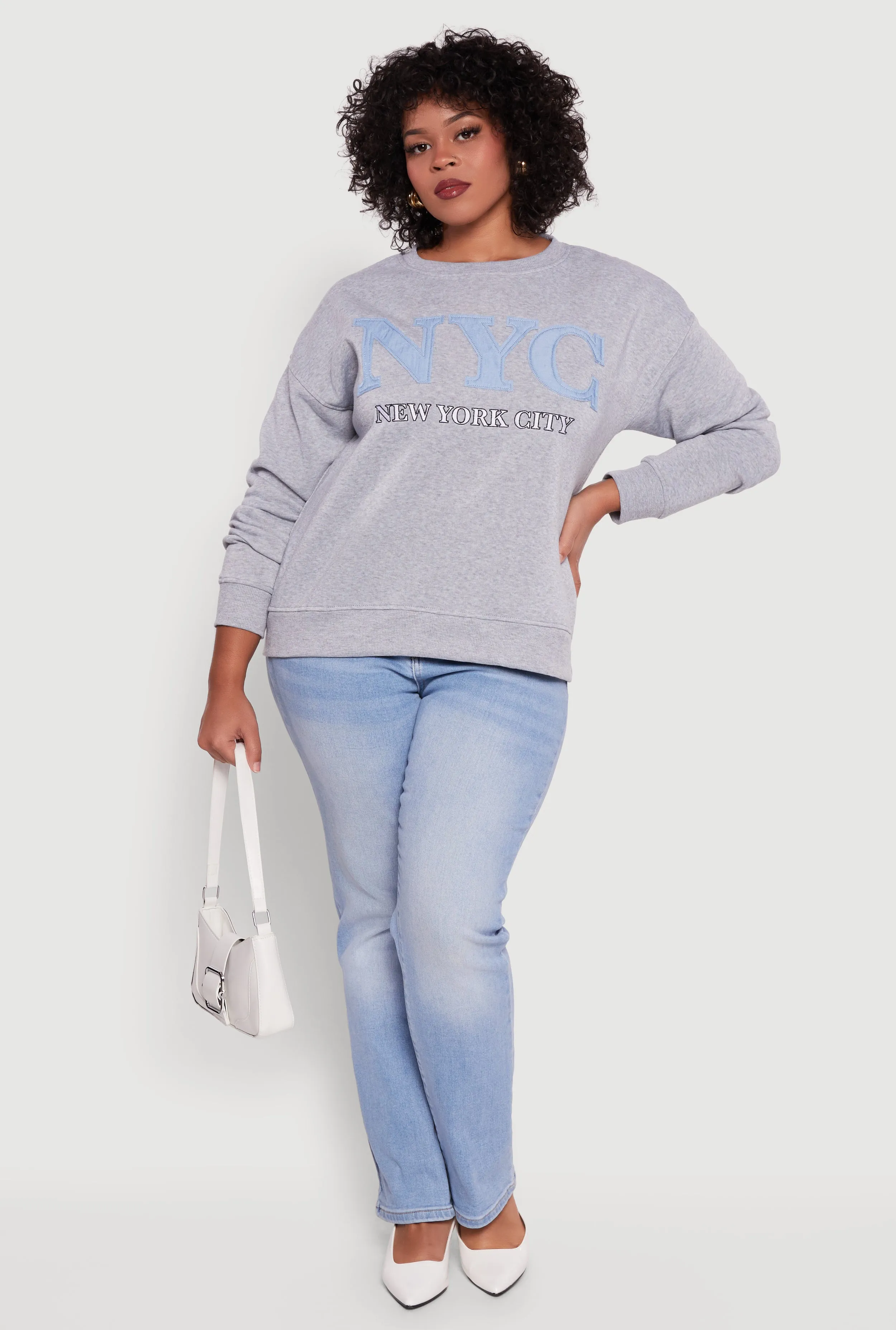 Plus Size Frayed NYC Chambray Patch Graphic Sweatshirt sold by Rainbow