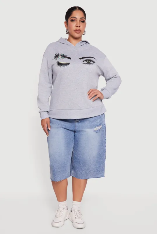 Plus Size Fleece Pullover Hoodie with Winking Eye Graphic sold by Rainbow